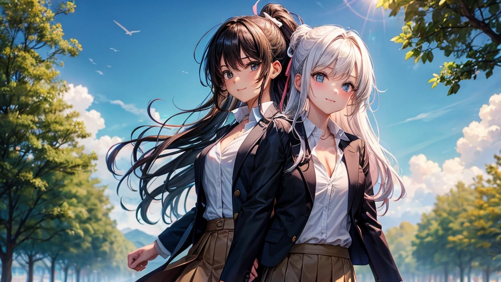 1girl, solo, summer, village, trees, sun, clouds, ((colorful hair)), long hair, curly hair, ponytail, large breasts, ((black blazer)), button down shirt, ((white shirt)), ((short sleeved shirt)), ((unbuttoned shirt)), unbuttoning buttons, cleavage 1:3, brown eyes, skirt, smile, looking at the viewer, standing, touching neck, hair ribbon, golden necklate