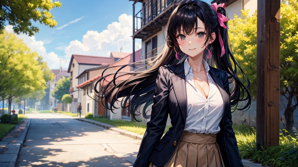 1girl, solo, summer, village, trees, sun, clouds, ((colorful hair)), long hair, curly hair, ponytail, large breasts, ((black blazer)), button down shirt, ((white shirt)), ((short sleeved shirt)), ((unbuttoned shirt)), unbuttoning buttons, cleavage 1:3, brown eyes, skirt, smile, looking at the viewer, standing, touching neck, hair ribbon, golden necklate