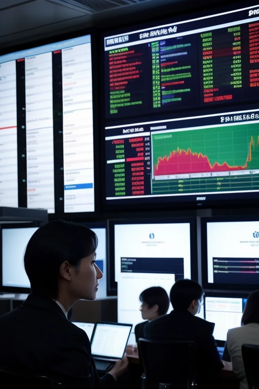 High-resolution, Top-quality Masterpiece: 1.3,
Multiple figures: Employees of a securities company, all focused on a stock price board,
Detailed facial expressions, Deep-set eyes, High brows furrowed in concentration: 1.2,
Office setting: Modern interior with sleek, minimalistic furniture and clean lines,
1.2, Realistic, Professional lighting, Depth of fields accentuating the stock price board: 1.2,
Chart on the board: Fluctuating numbers and graphs, representing the company's stock performance,
Highly detailed stock price board: Prices, dates, and other relevant information,
Suit