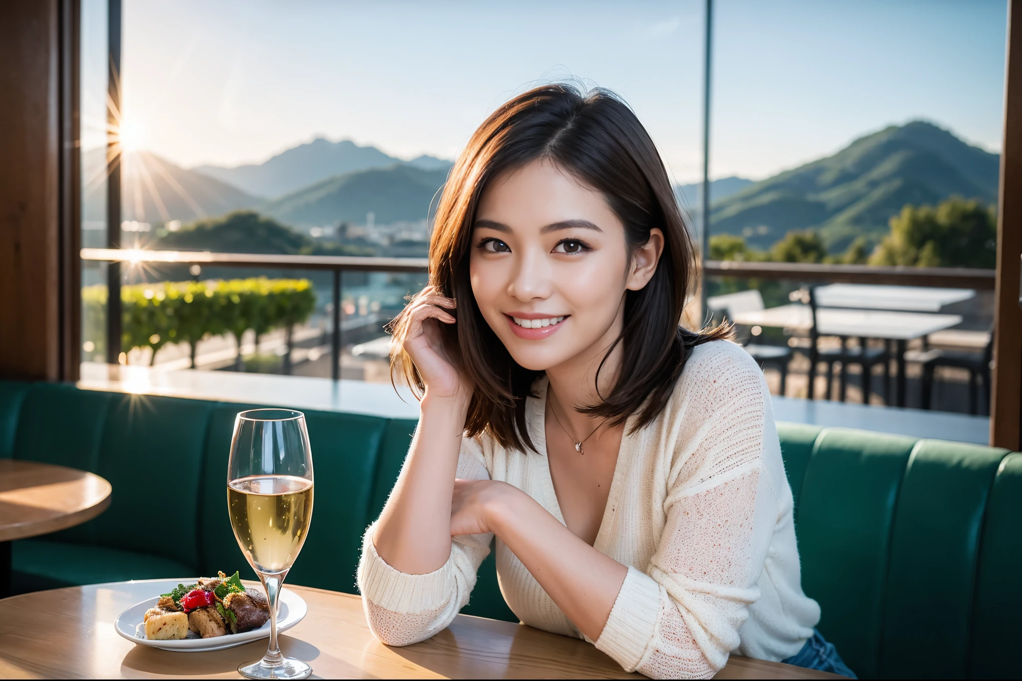 ((highest quality、8k、masterpiece:1.3))、1 male、1 female、Couple、Masami Nagasawa-like spouse、石原さとみ似美女Couple、The body is slim、((Bob Hale、Straight hair:1.2)), (Realistic, Intricate details:1.2), テーブルの上のwine glass、Shine light on your face、 Amazing view of the sunset sky and clouds、Amazing mountain views、A bright smile、The wonderfulness of smile、Bright image、The beauty of wine, Beautiful Face, blue eyes, The light shines on your face, Blushing, short hair,Bright Face、 (Age 35), 39 years old, red wine 、Appetizers、Italian food、Wine bottle、Champagne、sparkling wine、Two beauties、Brown Hair、Shortcuts、Long sleeve shirt、dress、Pretty Woman 1, (slimな顔), (The body is slim), (Brown Hair), (Shortcuts), cheeks turn a little red,Attractive beauty、restaurant, In a prominent place (From the waist up) Nova Frog Style, actress, model, Upper Body, White wine, slim, wine glass, 中央に置かれたwine glass, smile, (smile: 1.15), Beautiful fine grain, Depth f/2,saturation, High Contrast, Strong light and shadow,Moist Body:1.5、3D texture、Delicate eyes、Brown Hair、The hair is very shiny、