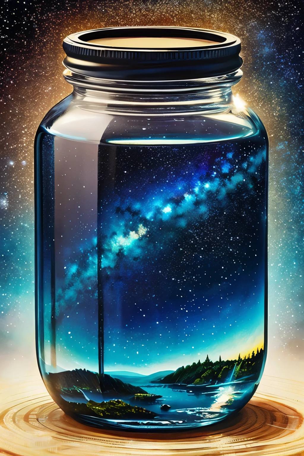 ​masterpiece、top-quality、（Very delicate and beautiful starry sky landscape trapped in a jar）、world masterpiece theater、high-resolutionisometric、top-quality、illustratio、Impasto、canvas、an oil painting、realism、realisitic