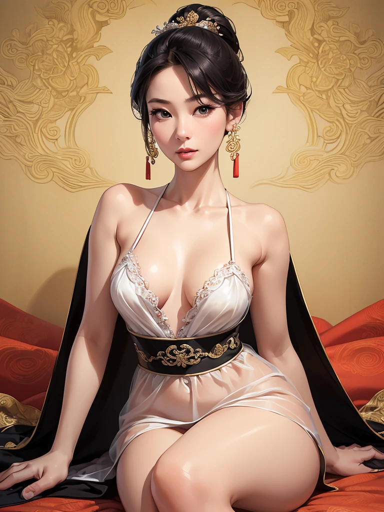 (best quality,ultra-detailed,realistic:1.37),(Korean:1.1)(beautiful detailed dress,adult,woman,detailed description),(beautiful detailed woman,beautiful Chinese background,exposed collarbone),(black eyes,natural eyes,realistic facial features,beautiful leg line),(sexy,full body photo,realistic body proportions,accurate eye ratio),(frontal photo,realistic and slender face), nude cloth