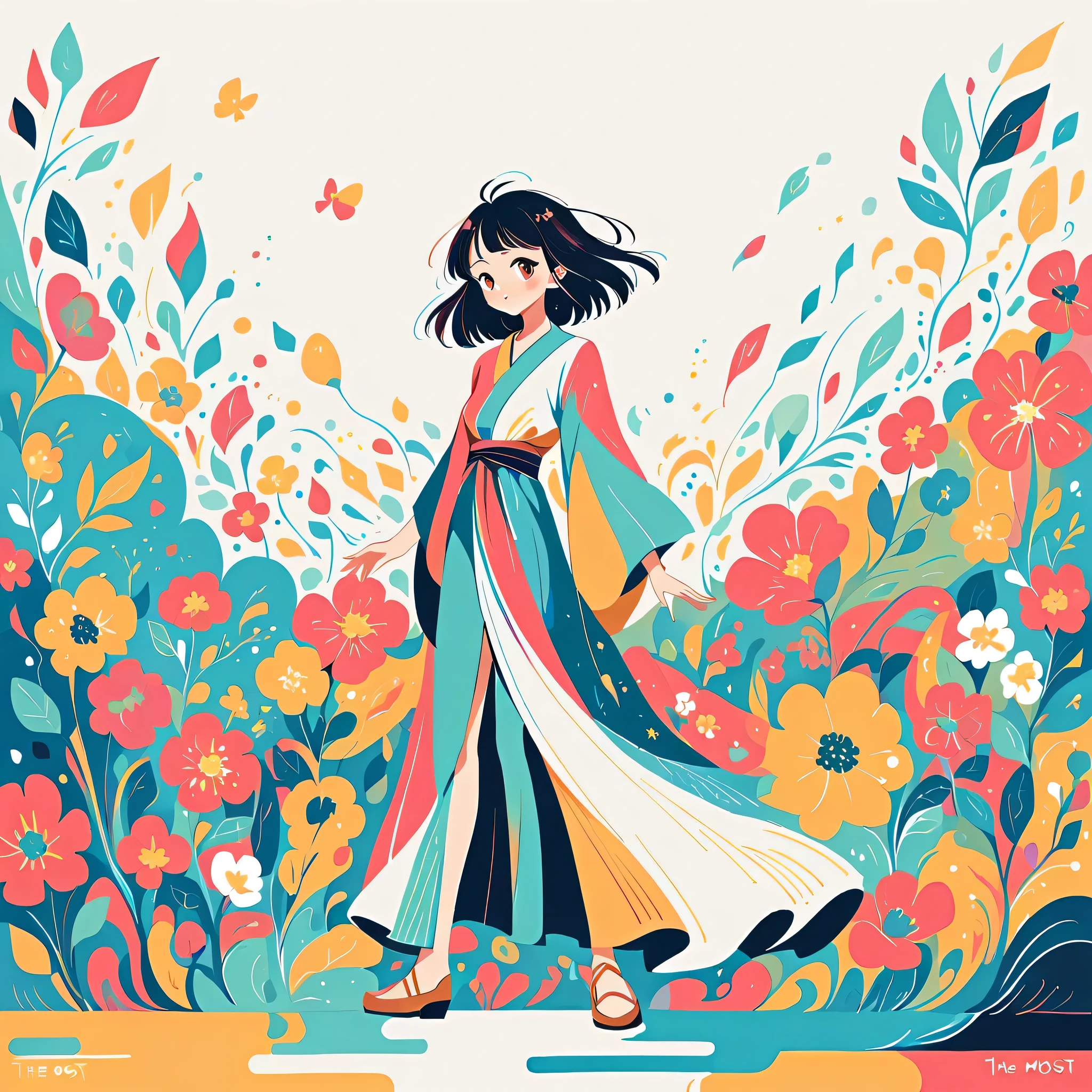 Mai Yoneyama style, Standing in front of a high wall，Simple Line Initialism，Abstract art，Urban Background, (((The most beautiful girl))), colorful flowers