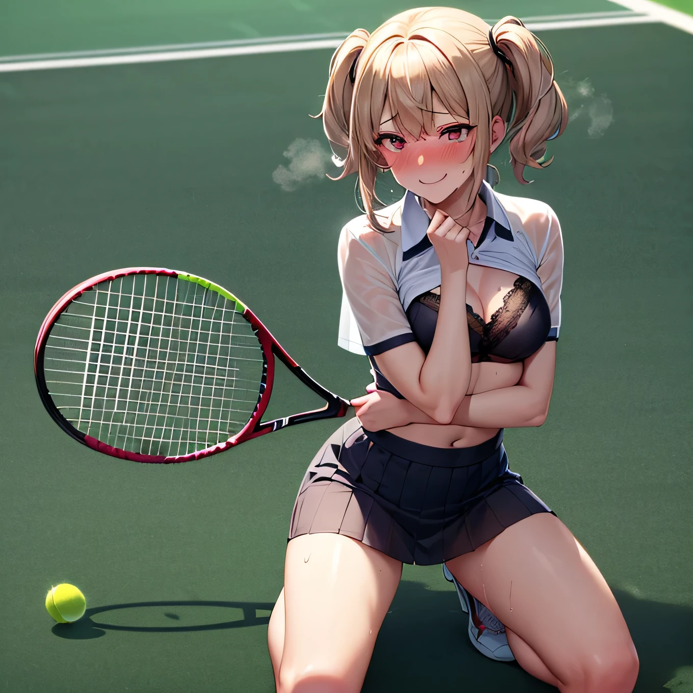 best quality,ultra-detailed,high resolution,extremely detailed CG,perfect anatomy,detailed,cinematic lighting,beautiful detailed eyes,ultra high res,(1girl),15years old,gleaming skin,oil skin,sweat,humid,trembling,strong light coming in,spot lighting,bright,revealing,nose blush,(shamefull:1.2), surprised, (embarrassed,blush:1.3),nsfw,(ecstasy:1.3) ,(slut:1.2),(vulgarity:1.3),(fucked silly:1.1),(steam:1.1),(wet:0.8),(trembling:0.8),(tears:0.7) ,(drooling:0.6),(sweat:0.8),(nsfw:1.2),(Tennis uniform:1.2),(Young:1.2),Japanese,(Tennis court:1.2),large breasts,(Random Hairstyles:1.2),Bold Pose,(full body:1.2),skirt,(Sheer tops:1.5),(bra:1.1),Shyness,(lure:1.5),(Smile:1.3),Close your mouth