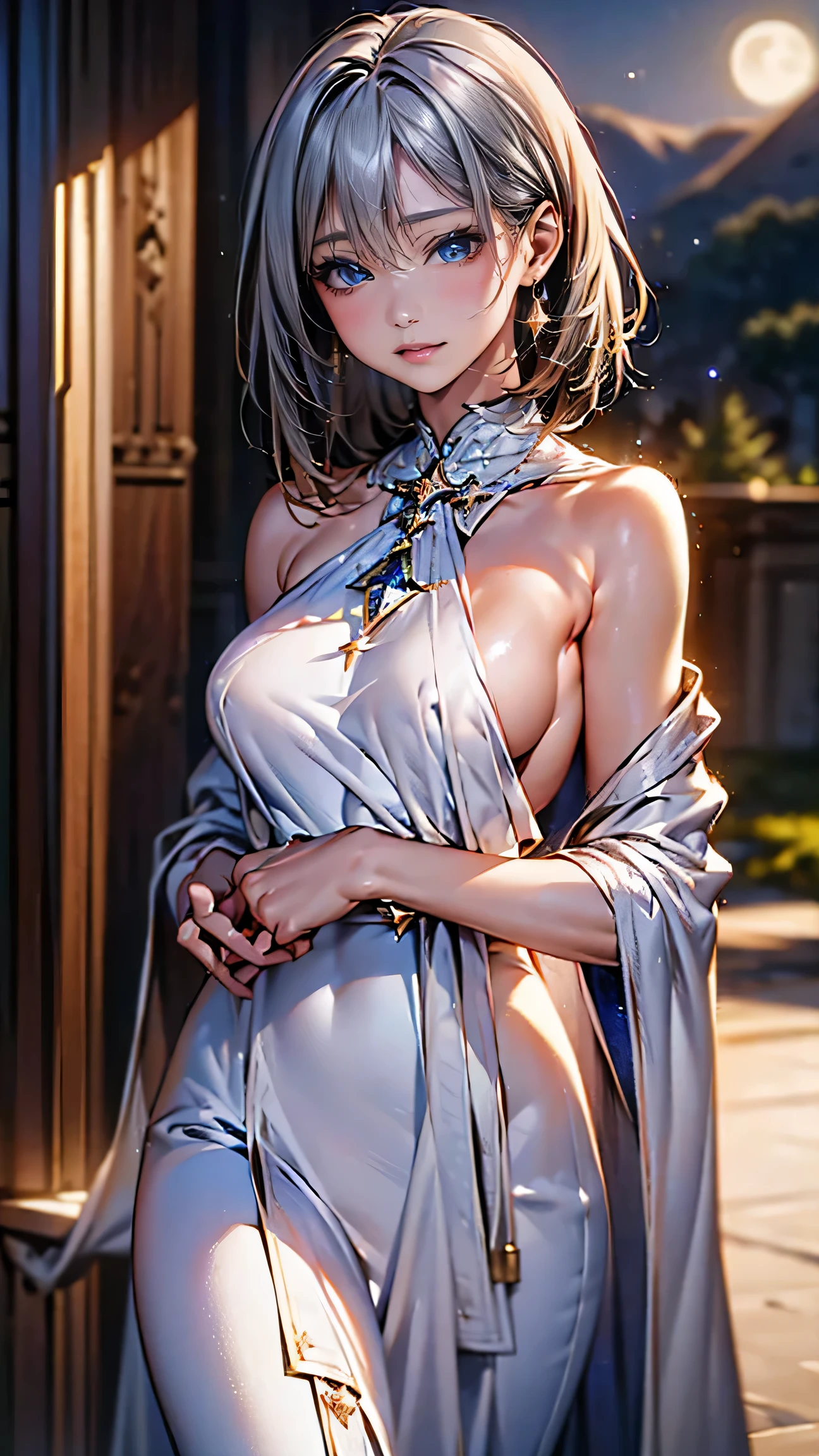 highest quality、masterpiece、8k、Realistic、超High resolution、Very delicate and beautiful、High resolution、Cinema Lighting、medium range shooting、Portraiture、Perfect Anatomy、Beautiful hands、Perfect female body、(Medium breast:1.8)、Opposition、Looking at the audience、((silver-haired bob:1.6、Shining by reflecting the moonlight、Deep blue eyes))、Mysterious glow reminiscent of a starry sky、Soft contours、Calm expression、Beautiful Lips、slender and graceful physique、Elegance is more prominent than strength、Shining in the moonlight、((Flowing white robes、Star and moon patterns are woven into the fabric、Symbolizes magical power))、A silver pendant shines around her neck..、Collect magical energy、Always with a calm and gentle smile、Providing comfort to others、A graceful and easy stroll、Cutting through the air。