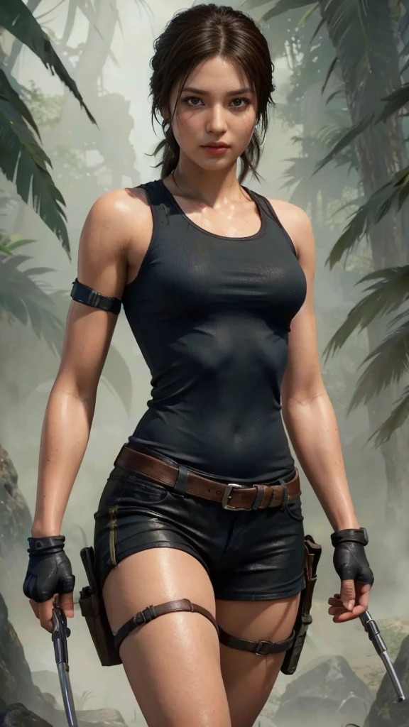 Lara Croft, eyes browns, (best qualityer, ultra detali), (realisitic:1.37), beautiful and detailed face, ultra-realisitic texture, 精致的面容, Delicate body, red lipgloss stick, shiny colors. High definition, 8k.