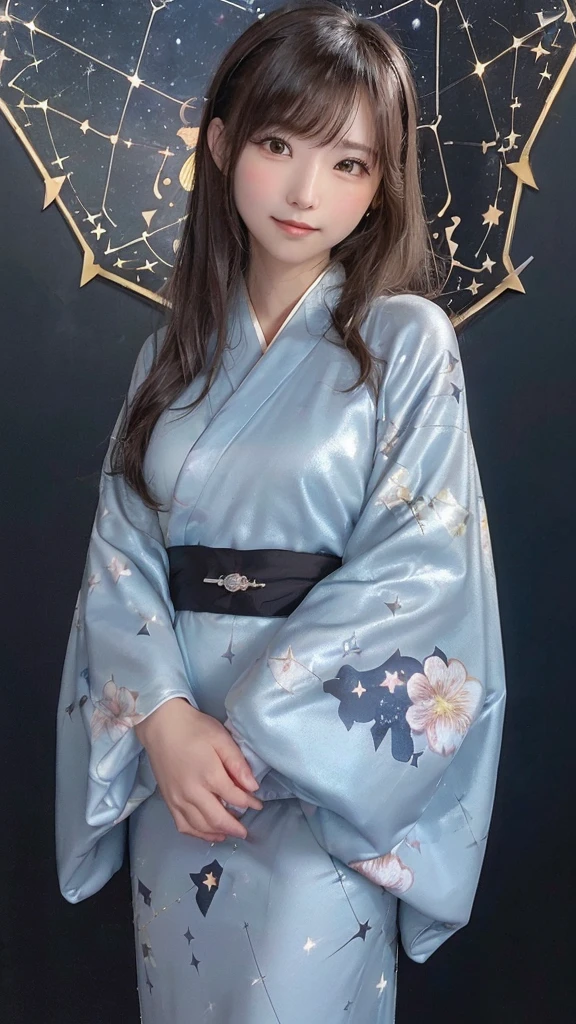 (((night,null,Beautiful Clouds,Detailed Background,constellation,starry null))), 21 year old girl,alone,Shiny skin,Tilt your head,smile,whole body,Wide Shot,(kimono, Floral print, yukata:1.2), whole body, (8k, RAW Photos, highest quality, masterpiece:1.2, masterpiece8K.High resolution. High resolutionの不条理:1.2, Film Grain, Blurry bokeh:1.2, Lens flare, (Bright colors:1.2), (delicate))