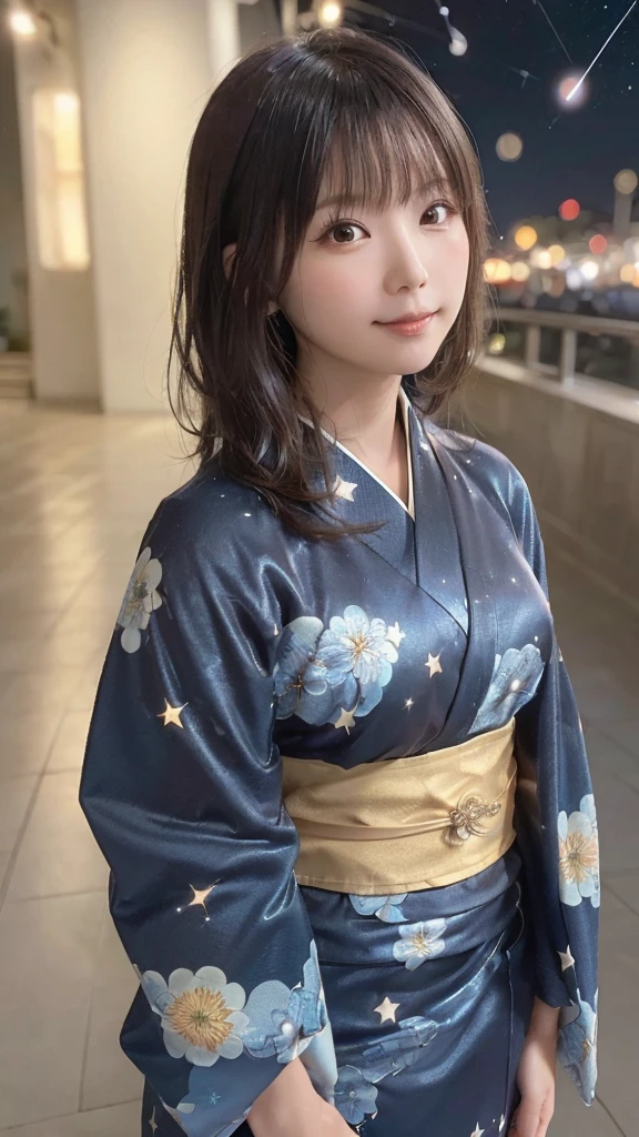 (((night,null,Beautiful Clouds,Detailed Background,constellation,starry null))), 21 year old girl,alone,Shiny skin,Tilt your head,smile,whole body,Wide Shot,(kimono, Floral print, yukata:1.2), whole body, (8k, RAW Photos, highest quality, masterpiece:1.2, masterpiece8K.High resolution. High resolutionの不条理:1.2, Film Grain, Blurry bokeh:1.2, Lens flare, (Bright colors:1.2), (delicate))