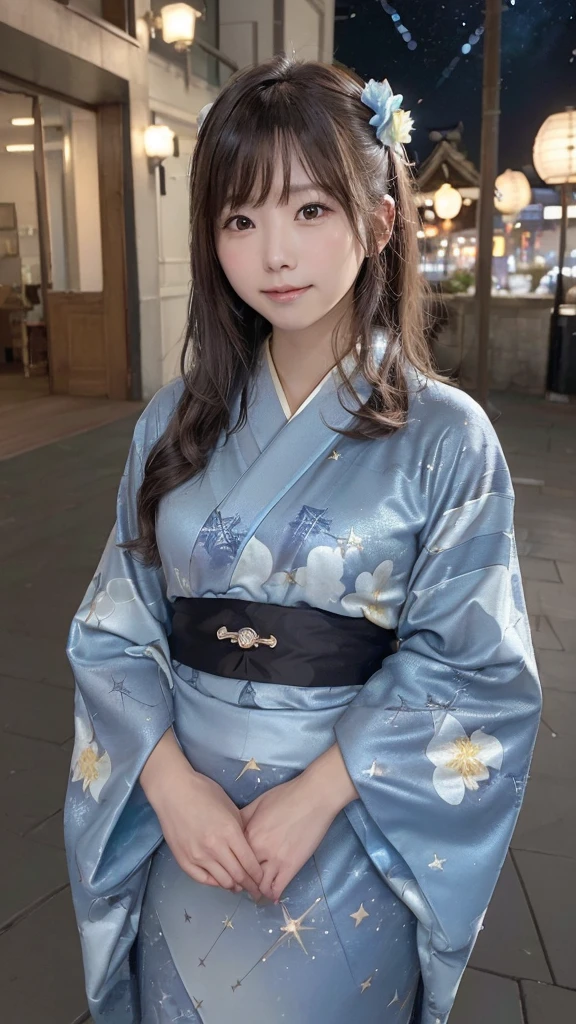 (((night,null,Beautiful Clouds,Detailed Background,constellation,starry null))), 21 year old girl,alone,Shiny skin,Tilt your head,smile,whole body,Wide Shot,(kimono, Floral print, yukata:1.2), whole body, (8k, RAW Photos, highest quality, masterpiece:1.2, masterpiece8K.High resolution. High resolutionの不条理:1.2, Film Grain, Blurry bokeh:1.2, Lens flare, (Bright colors:1.2), (delicate))
