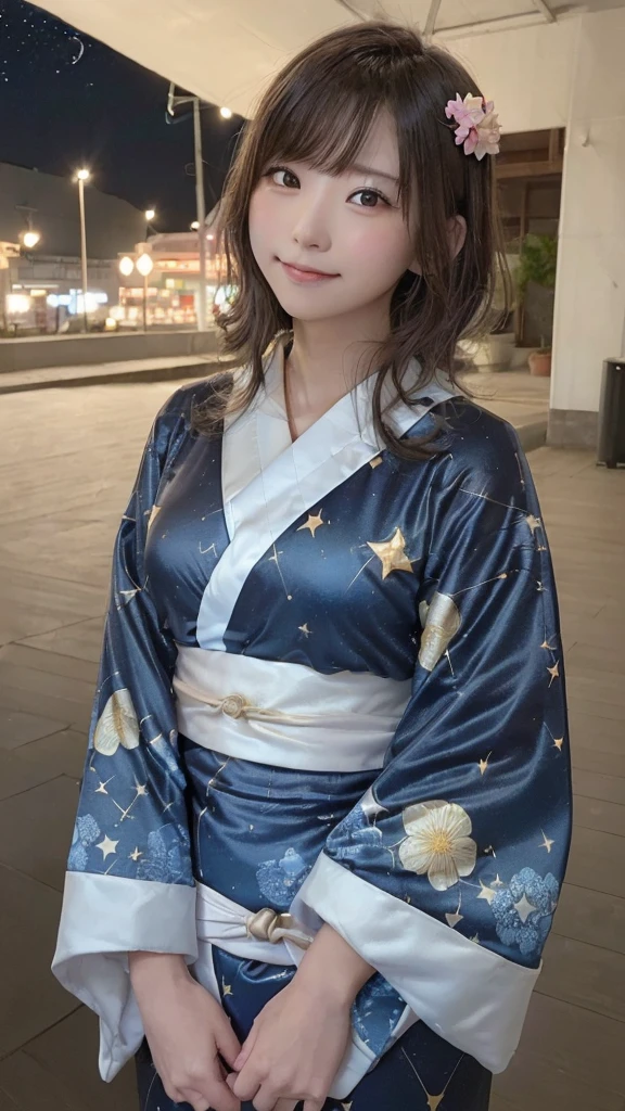 (((night,null,Beautiful Clouds,Detailed Background,constellation,starry null))), 21 year old girl,alone,Shiny skin,Tilt your head,smile,whole body,Wide Shot,(kimono, Floral print, yukata:1.2), whole body, (8k, RAW Photos, highest quality, masterpiece:1.2, masterpiece8K.High resolution. High resolutionの不条理:1.2, Film Grain, Blurry bokeh:1.2, Lens flare, (Bright colors:1.2), (delicate))