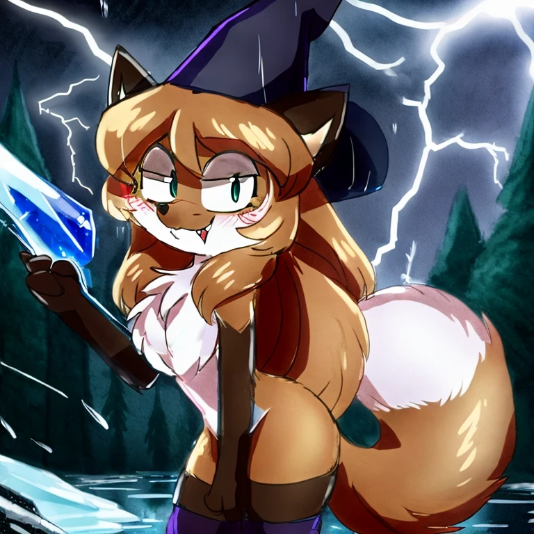 uploaded the e621, beautiful and detailed, woman (((female))) ((anthro)) Fox, (Averi, Fox girl), cinematic lighting, Fox, (anthro, fluffy fur), anthro fox girl, body fur, curvy, sexy, nice, cute, hot, comfortable anime-style cartoon-style, digital drawing, SFW, flat chest, green eyes, nervous smile, sassy, sassy hips, smug, fangs, looking at viewer, forest, night, tree, lightning, tilted head, leaning sideways, wizard hat, striped thigh highs, holding ice projectile in hand, ice projectile, ice magic, raining, rain, wet fur