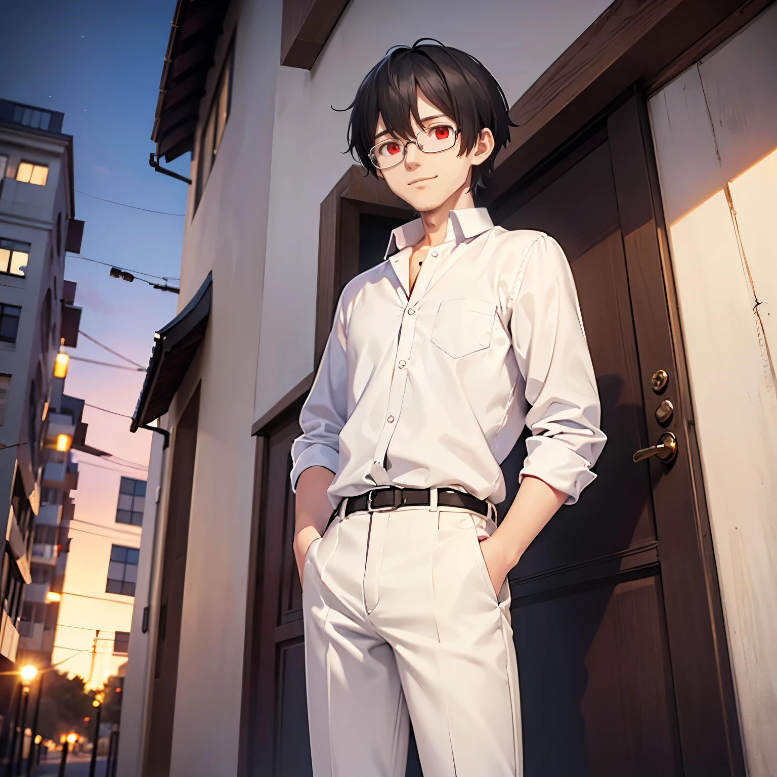 Black hair, tall, man, guy, male, white button shirt, white pants, short hair, red eyes, happy, glasses, outside apartment, dusk, evening, daytime, ager