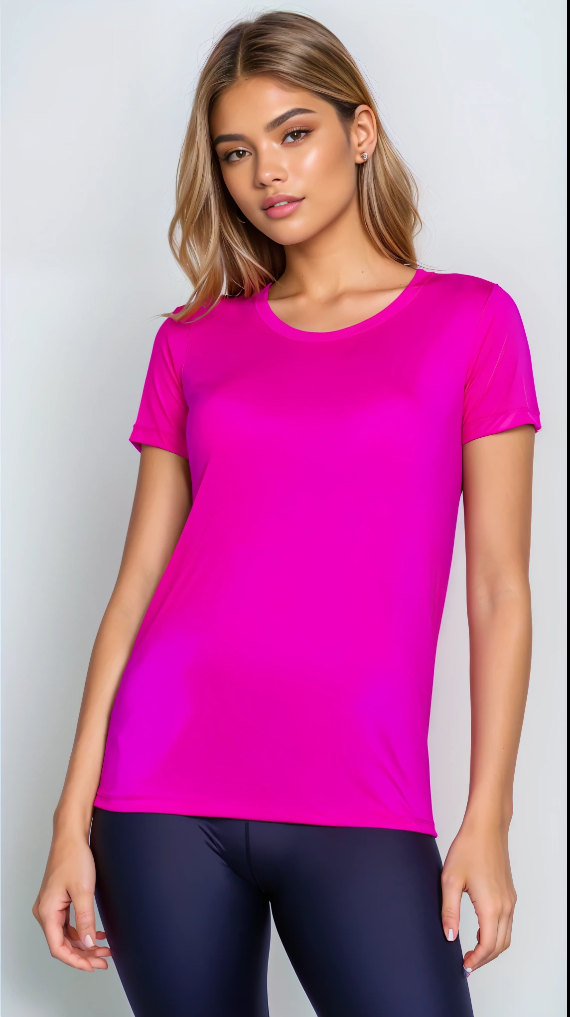 a woman in a bright rosa top and leggings, camisa magenta, rosa shirt, hot rosa, neon rosa, Manga curta, smooth fuchsia skin, fuchsia skin, camiseta violeta, dayglo rosa, magenta, rosa clothes, rich deep rosa, (rosa colors), bright fuchsia skin, rosa, fuchsia skin, camiseta