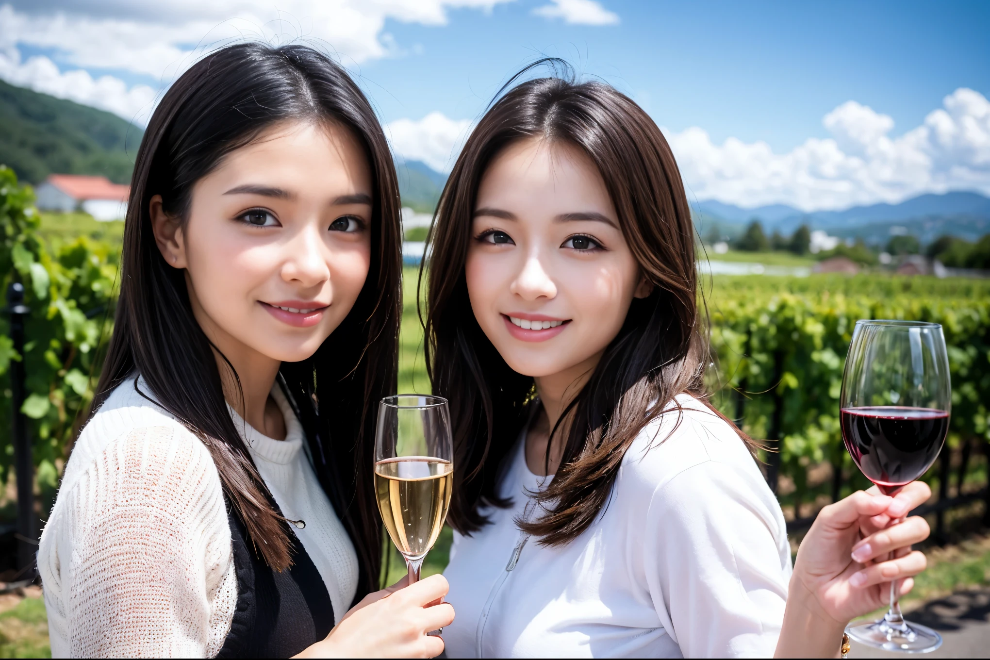 ((highest quality、8k、masterpiece:1.3))、1 male、1 female、Couple、Aya Ueto lookalike spouse、石原さとみ似美女Couple、The body is slim、((Bob Hale、Straight hair:1.2)), (Realistic, Intricate details:1.2), テーブルの上のwine glass、Shine light on your face、 Amazing view of the sunset sky and clouds、Amazing mountain views、A bright smile、The wonderfulness of smile、Bright image、The beauty of wine, Beautiful Face, blue eyes, The light shines on your face, Blushing, short hair,Bright Face、 (Age 35), 39 years old, red wine 、Appetizers、Italian food、Wine bottle、Champagne、sparkling wine、Two beauties、Brown Hair、Shortcuts、Long sleeve shirt、dress、Pretty Woman 1, (slimな顔), (The body is slim), (Brown Hair), (Shortcuts), cheeks turn a little red,Attractive beauty、restaurant, In a prominent place (From the waist up) Nova Frog Style, actress, model, Upper Body, White wine, slim, wine glass, 中央に置かれたwine glass, smile, (smile: 1.15), Beautiful fine grain, Depth f/2,saturation, High Contrast, Strong light and shadow,Moist Body:1.5、3D texture、Delicate eyes、Brown Hair、The hair is very shiny、
