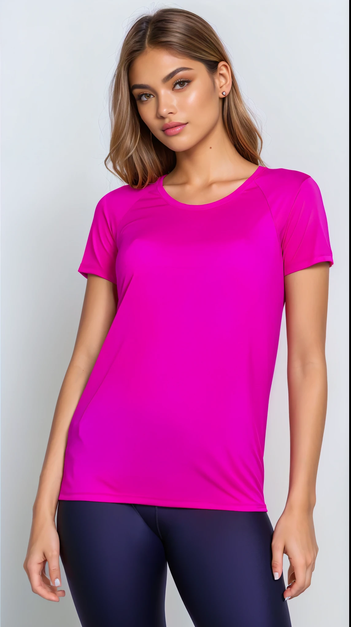 a woman in a bright rosa top and leggings, camisa magenta, rosa shirt, hot rosa, neon rosa, Manga curta, smooth fuchsia skin, fuchsia skin, camiseta violeta, dayglo rosa, magenta, rosa clothes, rich deep rosa, (rosa colors), bright fuchsia skin, rosa, fuchsia skin, camiseta