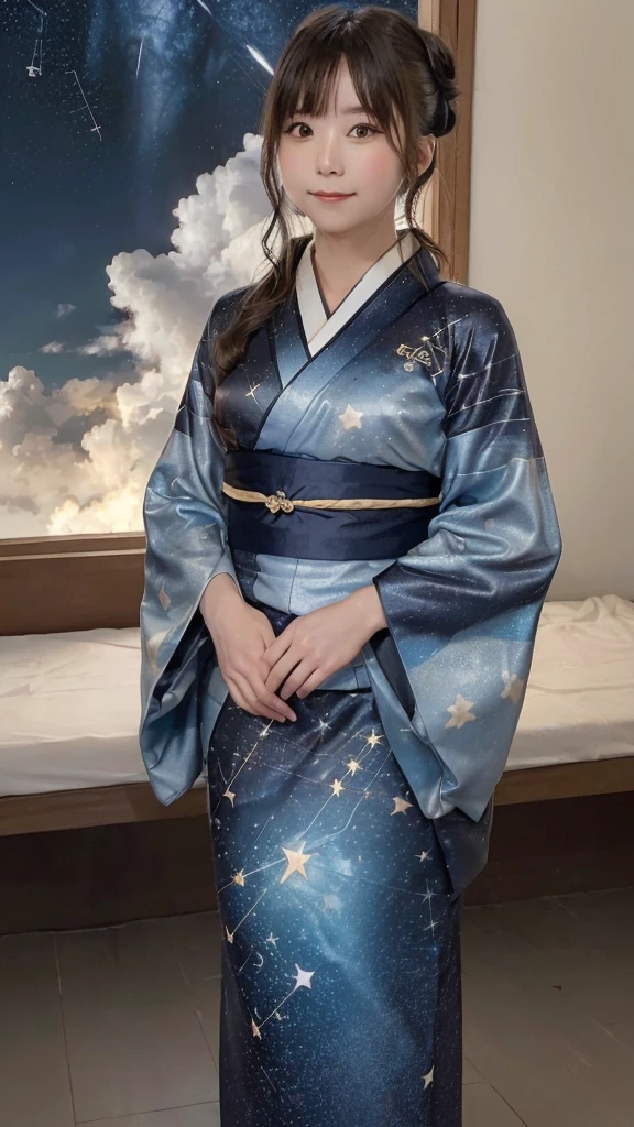 (((night,null,Beautiful Clouds,Detailed Background,constellation,starry null))), 21 year old girl,alone,Shiny skin,Tilt your head,smile,whole body,Wide Shot,(kimono, Floral print, yukata:1.2), whole body, (8k, RAW Photos, highest quality, masterpiece:1.2, masterpiece8K.High resolution. High resolutionの不条理:1.2, Film Grain, Blurry bokeh:1.2, Lens flare, (Bright colors:1.2), (delicate))