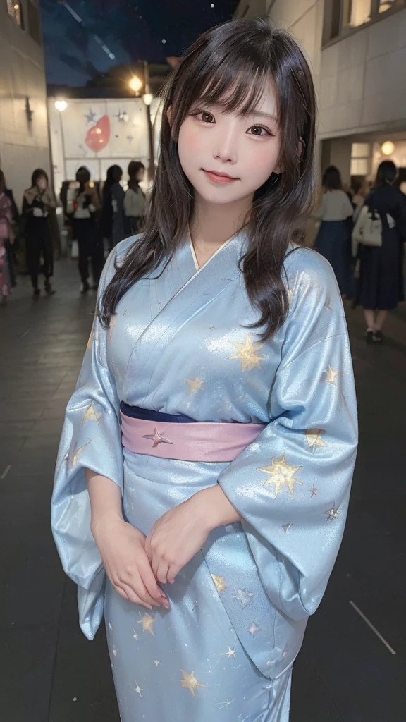 (((night,null,Beautiful Clouds,Detailed Background,constellation,starry null))), 21 year old girl,alone,Shiny skin,Tilt your head,smile,whole body,Wide Shot,(kimono, Floral print, yukata:1.2), whole body, (8k, RAW Photos, highest quality, masterpiece:1.2, masterpiece8K.High resolution. High resolutionの不条理:1.2, Film Grain, Blurry bokeh:1.2, Lens flare, (Bright colors:1.2), (delicate))