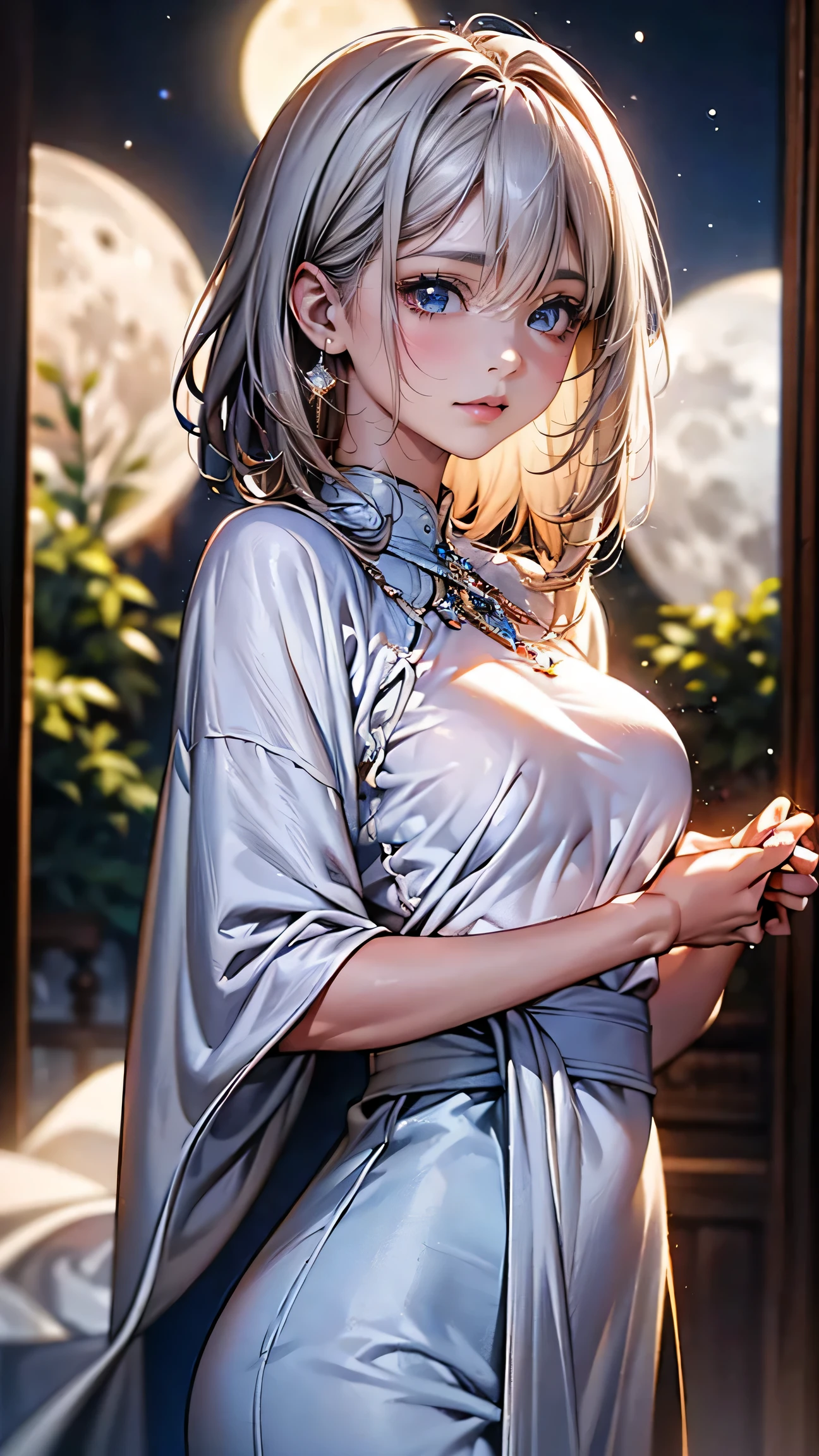 highest quality、masterpiece、8k、Realistic、超High resolution、Very delicate and beautiful、High resolution、Cinema Lighting、medium range shooting、Portraiture、Perfect female body、(Medium breast:1.8)、Opposition、Looking at the audience、((silver-haired bob:1.6、Shining by reflecting the moonlight、Deep blue eyes))、Mysterious glow reminiscent of a starry sky、Soft contours、Calm expression、Beautiful Lips、slender and graceful physique、Elegance is more prominent than strength、Shining in the moonlight、((Flowing white robes、Star and moon patterns are woven into the fabric、Symbolizes magical power))、A silver pendant shines around her neck..、Collect magical energy、Always with a calm and gentle smile、Providing comfort to others、A graceful and easy stroll、Cutting through the air。