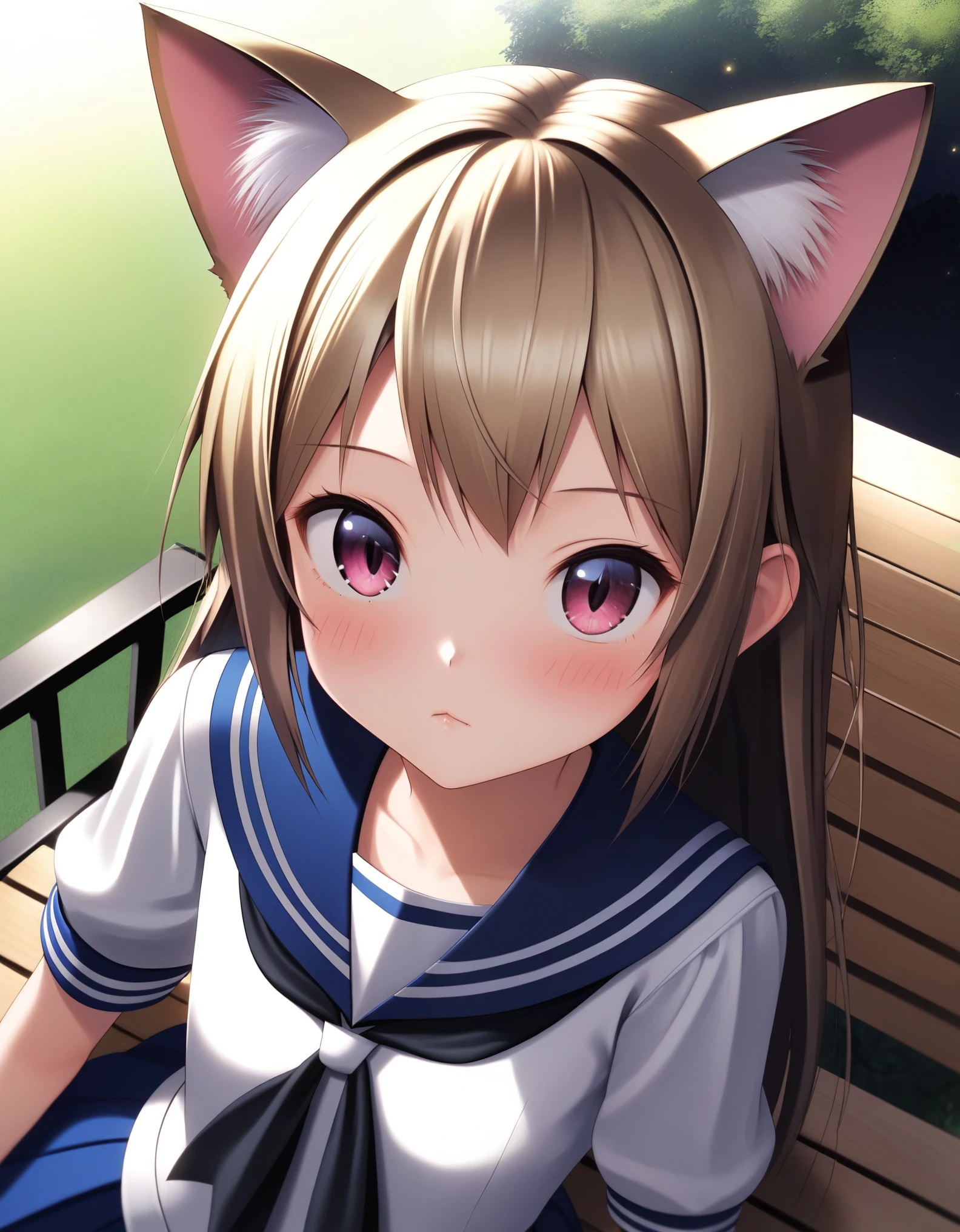 ((ultra-detailed)), ((best quality)), ((best quality)), ((beautiful eyes)), ((extremely detailed)), 4K, (8K), best quality, (beautiful), source_anime, 1girl, slender body, young, , cute face, big eyes, flat chest, rorikemo, blush, solo, female, catgirl, sailor suit, seated on bench, looking away, outdoors, park, bored, angle view, colorful, best quality, masterpiece, nai3, god light, detailed background, high quality background, Urakagi_Saji,