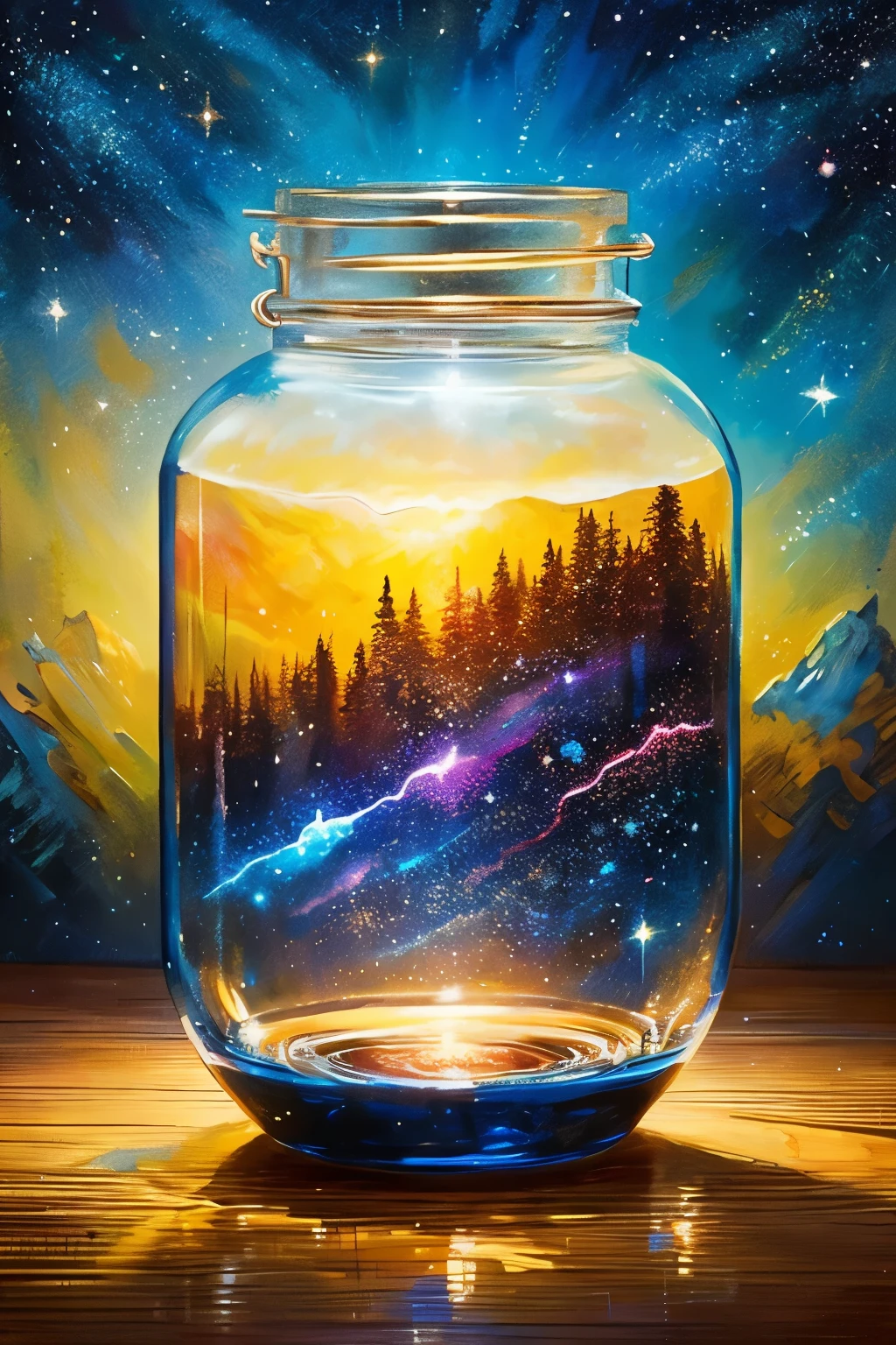 ​masterpiece、top-quality、（Very delicate and beautiful starry sky landscape trapped in a jar）、world masterpiece theater、high-resolutionisometric、top-quality、illustratio、Impasto、canvas、an oil painting、realism、realisitic