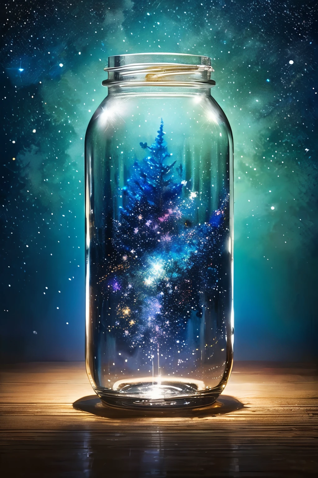 masterpiece、top-quality、(Very delicate and beautiful starry sky landscape trapped in a jar)、world masterpiece theater、high-resolutionisometric、top-quality、illustratio、Impasto、canvas、an oil painting、realism、realisitic