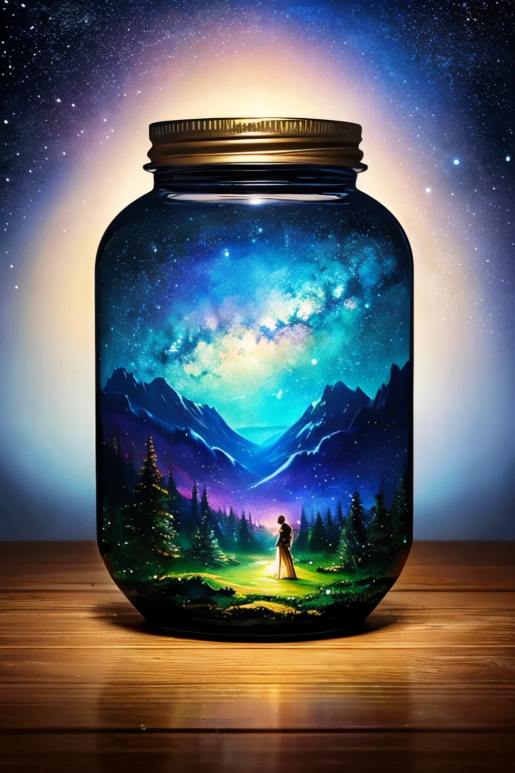 masterpiece、top-quality、(Very delicate and beautiful starry sky landscape trapped in a jar)、world masterpiece theater、high-resolutionisometric、top-quality、illustratio、Impasto、canvas、an oil painting、realism、realisitic