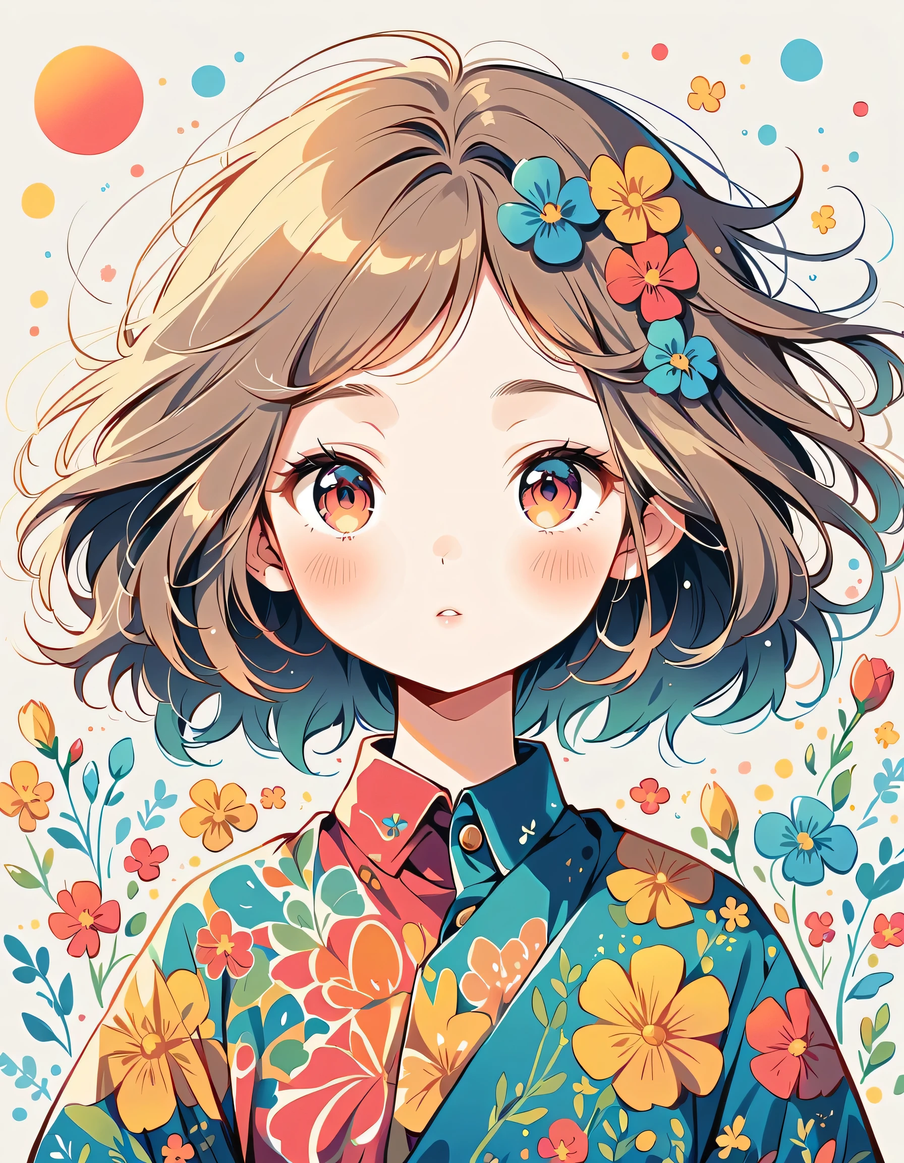 Mai Yoneyama style, Standing in front of a high wall,Simple Line Initialism,Abstract art,Urban Background, (((The most beautiful girl))), colorful flowers