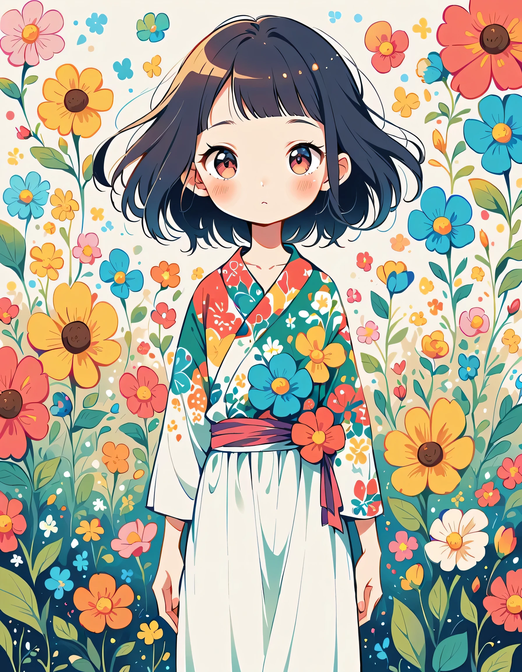 Mai Yoneyama style, Standing in front of a high wall,Simple Line Initialism,Abstract art,Urban Background, (((The most beautiful girl))), colorful flowers
