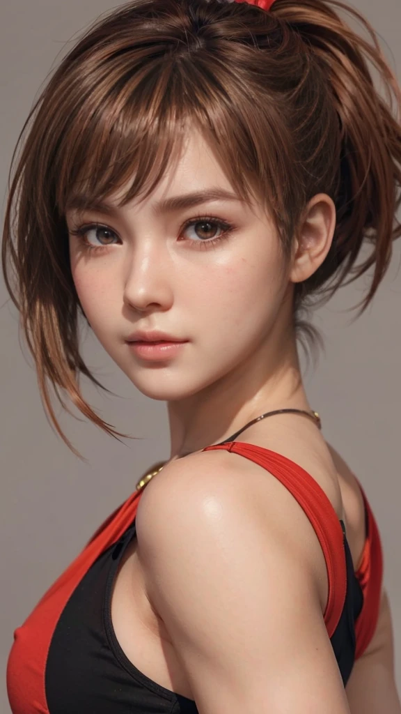 Kasumi, brown eyes, (best quality, ultra-detailed), (realistic:1.37), beautiful and detailed face, ultra-realistic texture, delicate face, delicate body, red lipstick, bright colors. High definition, 8K, well defined legs