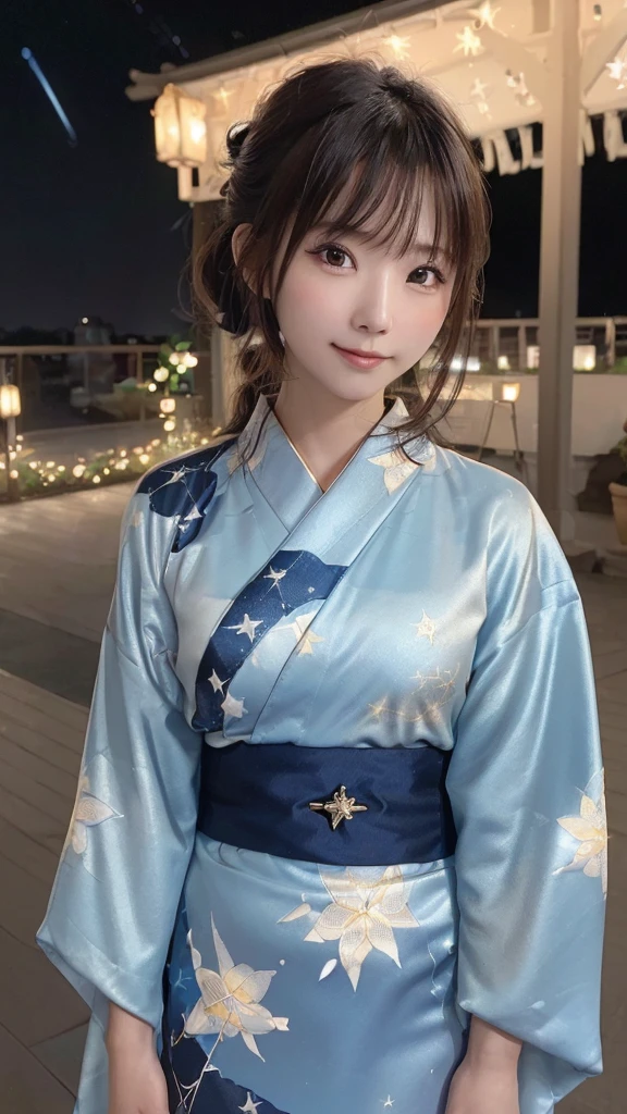 (((night,null,Beautiful Clouds,Detailed Background,constellation,starry null))), 21 year old girl,alone,Shiny skin,Tilt your head,smile,whole body,Wide Shot,(kimono, Floral print, yukata:1.2), whole body, (8k, RAW Photos, highest quality, masterpiece:1.2, masterpiece8K.High resolution. High resolutionの不条理:1.2, Film Grain, Blurry bokeh:1.2, Lens flare, (Bright colors:1.2), (delicate))