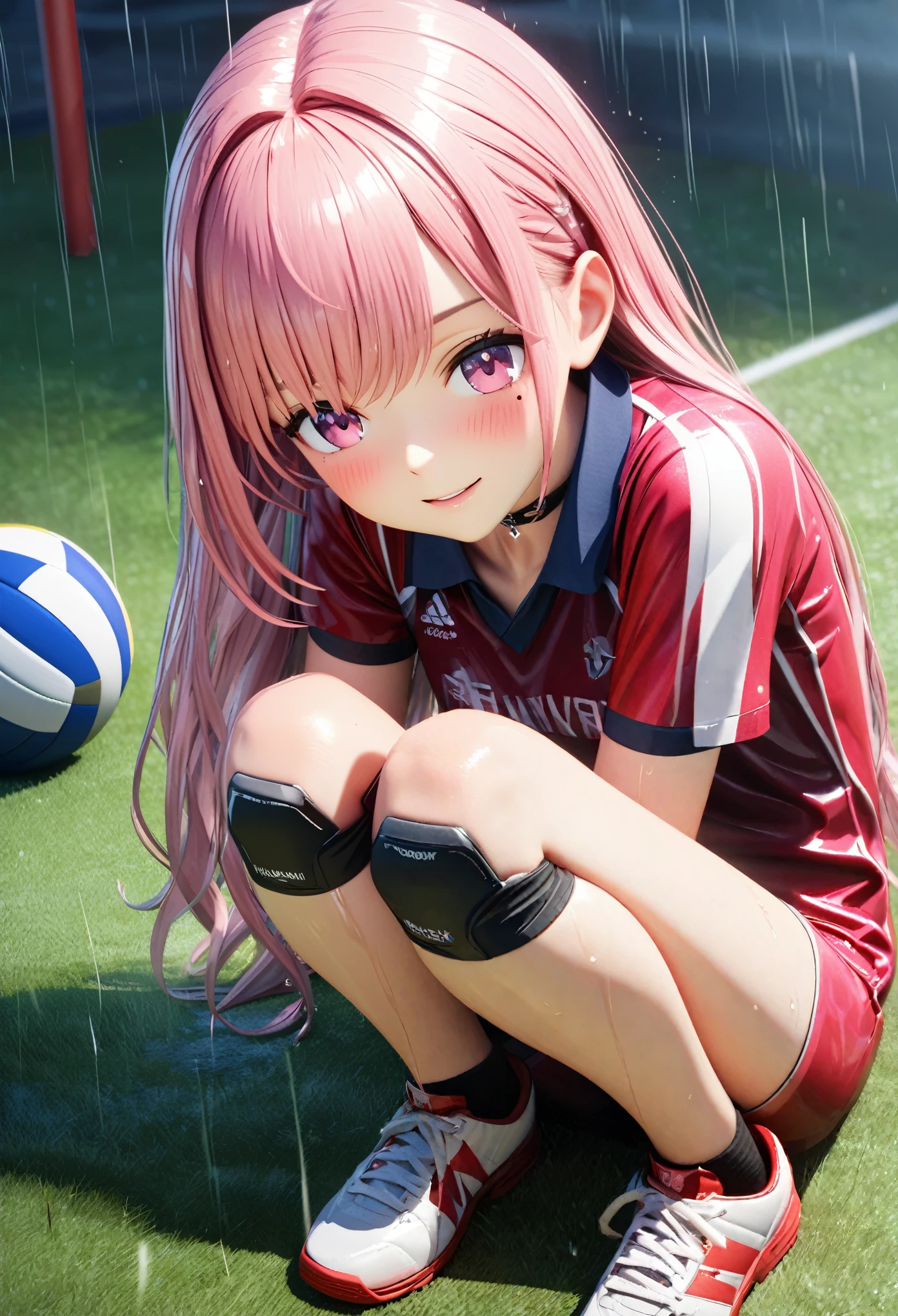 masterpiece, best quality, highly detailed, high resolution, expensive solution, high resolution, 4k, 8k, Unity 8k wallpaper, highly detailed CG, masterpiece, 2d, 3d, beautiful details, depth, fine texture, best quality: 1.3, total concentration, transparent skin, him, very cute anime girl, expensive pink long hair, one girl, volleyball uniform, knee pads on knees, volleyball shoes, on the grass in the schoolyard, it was raining heavily and she was soaking wet. The volleyball uniform was see-through, her hair was soaking wet, smiling long pink hair, full body, on the grass in the schoolyard, heavy rain, mole under eye, gaze, expensive, blush, lips parted, heart, pink eyes, choker