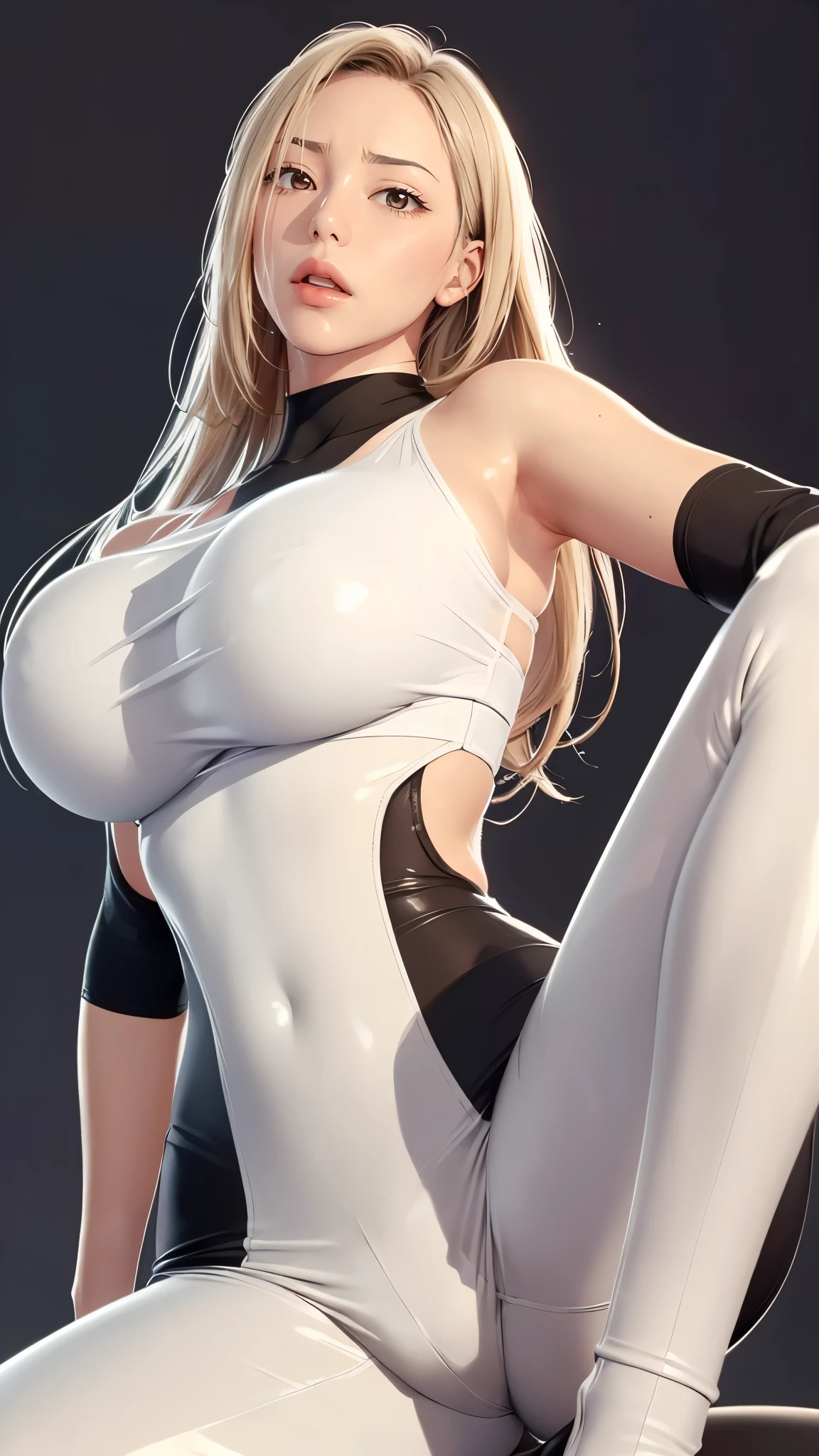 （（（完美figure，figure，solo， White and tender skin，（（（Cyberpunk，Black yoga pants，Striped top ））），（（（MiaChadef, long hair, blonde hair, brown eyes,，））），((masterpiece)),high resolution, ((Best quality at best))，masterpiece，quality，Best quality，（（（ Exquisite facial features，Looking at the audience,There is light in the eyes，(（（lol，Happy，））），））），（（（Light and shadow，Huge breasts））），（（（Looking at the camera，White background，Sitting astride，Open your legs，From below，Looking up)）））