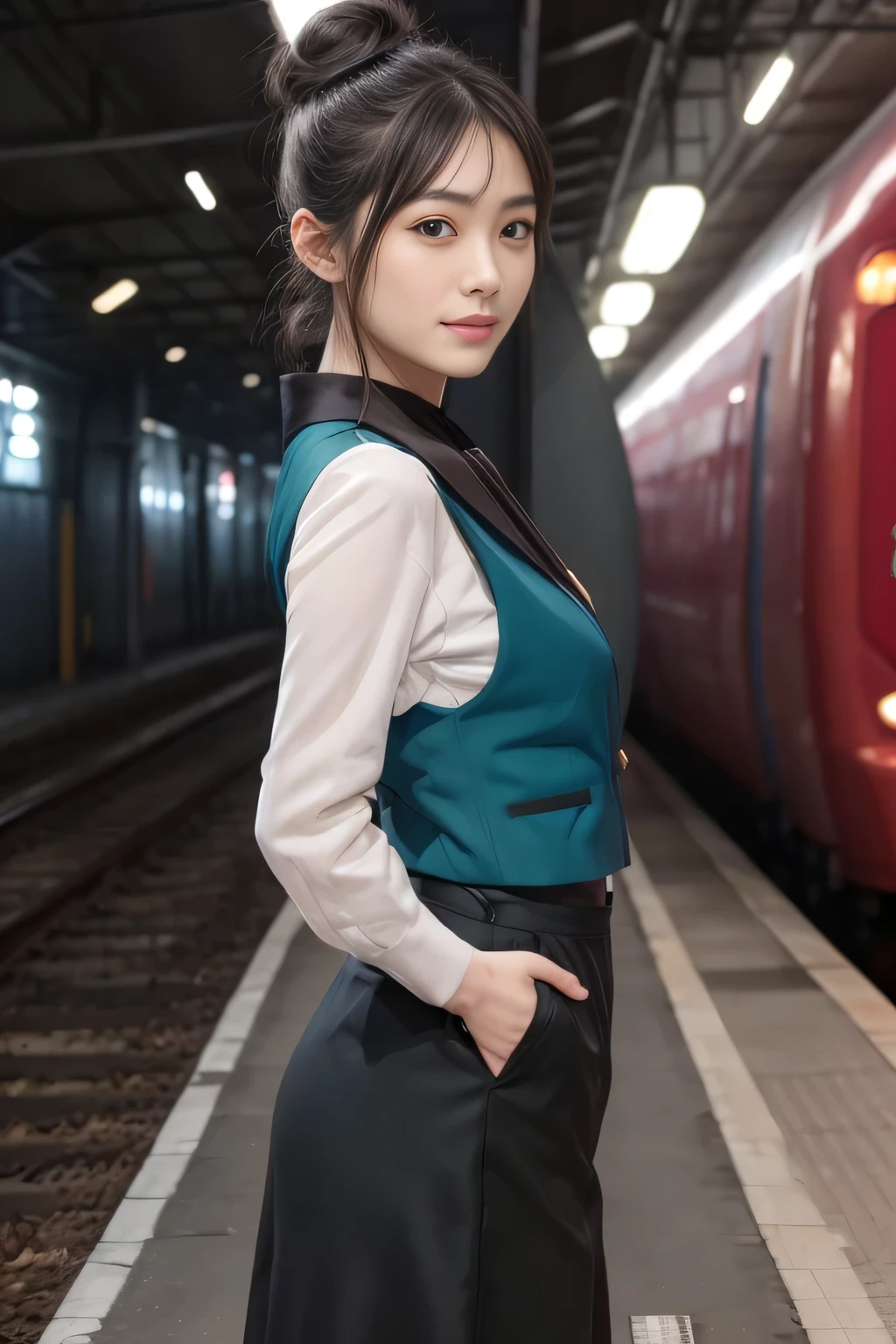 (masterpiece:1.2, highest quality:1.2), 32K HDR, High resolution, (alone、1 girl)、（At the station platform、Professional Lighting）、Background of an empty station platform、（Nankai Train crew uniformを着たリアルスタイル）、（Green vest、A long-sleeved collarless blouse、Scarf around the neck、black culotte skirt）、Dark brown hair、（Hair tied up、Hair Bun、Hair Bun）、Dark brown hair、Long Shot、Big Breasts、Thin legs、（（Great hands：2.0）），（（Harmonious body proportions：1.5）），（（Normal limbs：2.0）），（（Normal finger：2.0）），（（Delicate eyes：2.0）），（（Normal eyes：2.0））)、smile、Beautiful back view,Place your hands around your stomach