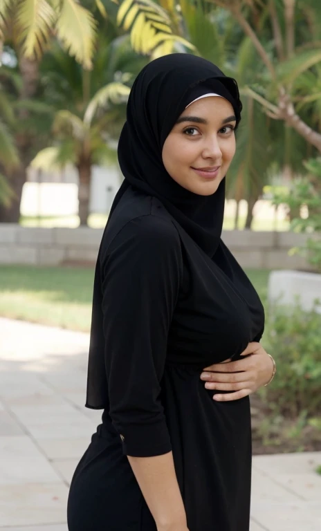 RAW, Best quality, high resolution, masterpiece: 1.3), beautiful Malay woman in hijab,Masterpiece, perfect fit body, ((Huge breast)), biggorgeous eyes, Soft smile,muslim woman in a plain long sleeve shirt and hijab posing for a picture, hijab, with lovely look, with beautiful colors, with accurate face, pose 4 of 1 6, traditional beauty, batik, wearing beautiful clothes, beutifull, with beautiful exotic, attractive pose, cute pose, scarf, wearing plain chiton, very attractive , she is smiling,Delicate turtleneck, necklace, shairband, afternoon walk, City garden, Excellent lighting, Bright colors, Clean lines