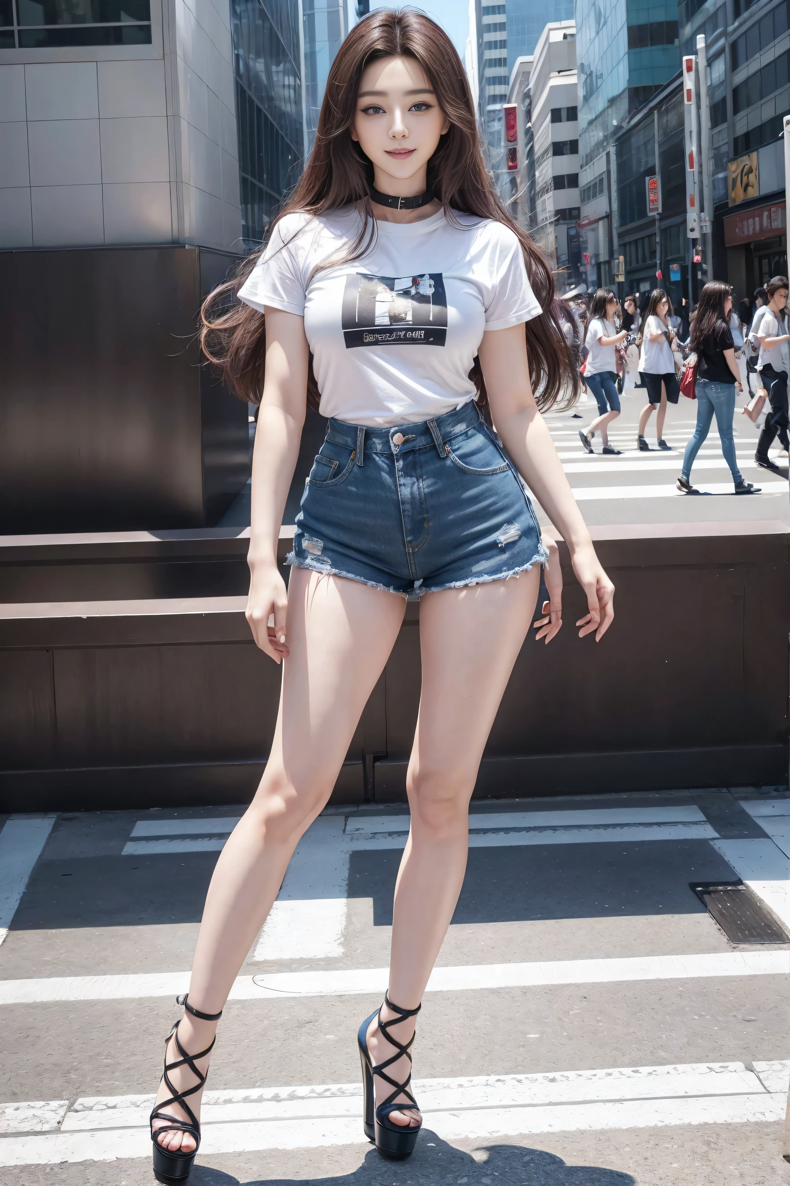 1 girl, (blue eyes), (They are smiling), (In the name of Mina), Wide hips, tetas Large targets, Large target, (Best quality, 8K, masterpiece: 1.3), Perfect hands, Clear focus: 1.2, Perfect body beauty: 1.4, Slim abs: 1.2, Highly detailed face and skin textures, delicate eyes, Double eyelids, (Long brown hair), (Black collar T-shirt), (Denim shorts :1.1), (High heel :1.3), permanent, Dynamic poses, Background Tokyo Shibuya Crossing.