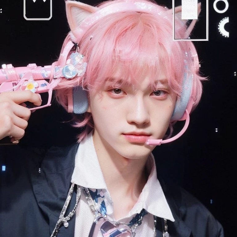 there is a person with pink hair and a pink cat ear, cai xukun, jinyoung shin aesthetic, with pink hair, kim doyoung, wearing a pink head band, bladee from drain gang, very aesthetic!!!!!!, jinyoung shin, cyber aesthetic, very aesthetic!!!!!!!!!!!!!!!, prince crown of pink gears, male ulzzang, headshot profile picture, 4k high resolution 