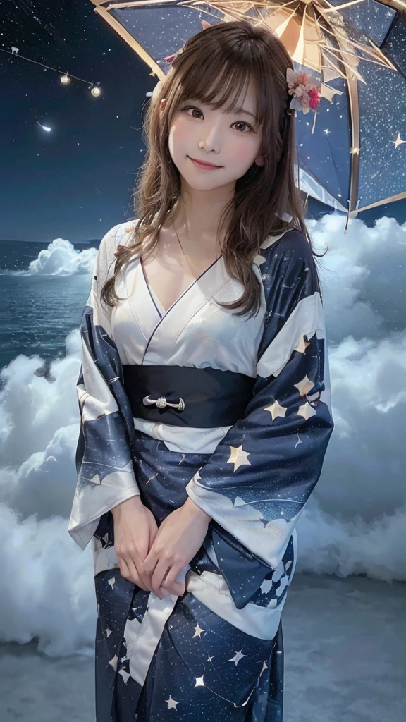 (((night,null,Beautiful Clouds,Detailed Background,constellation,starry null))), 21 year old girl,alone,Shiny skin,Tilt your head,smile,whole body,Wide Shot,(kimono, Floral print, yukata:1.2), whole body, (8k, RAW Photos, highest quality, masterpiece:1.2, masterpiece8K.High resolution. High resolutionの不条理:1.2, Film Grain, Blurry bokeh:1.2, Lens flare, (Bright colors:1.2), (delicate))