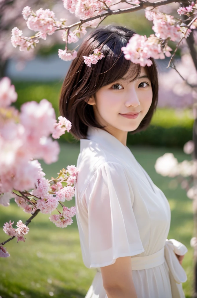 Ultra high resolution, masterpiece, best quality, super detailed, extremely delicate and beautiful, cinematic light, detailed environment, real, 8k, RAW photo, realistic, photo-realistic, extremely detailed, photography, amazing, finely detailed, solo, a 33-year-old Japanese female high school teacher, with short hair, full-body photograph, slight smile, sunlight casting soft shadows, standing in front of a cherry tree, Looking away