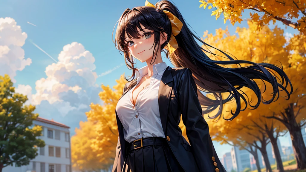 1girl, solo, summer, village, trees, sun, clouds, ((colorful hair)), long hair, curly hair, ponytail, large breasts, ((black blazer)), button down shirt, ((white shirt)), ((short sleeved shirt)), ((unbuttoned shirt)), unbuttoning buttons, cleavage 1:3, brown eyes, skirt, smile, looking at the viewer, standing, touching neck, hair ribbon, golden necklate