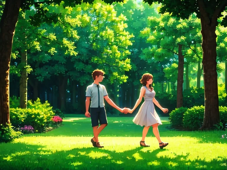 A couple holding hands, walking in a lush green park, soft sunlight, romantic atmosphere, realistic, photorealistic, HDR, 8K, highest quality, detailed, intricate, masterpiece, cinematic, warm colors, beautiful day, serene, peaceful