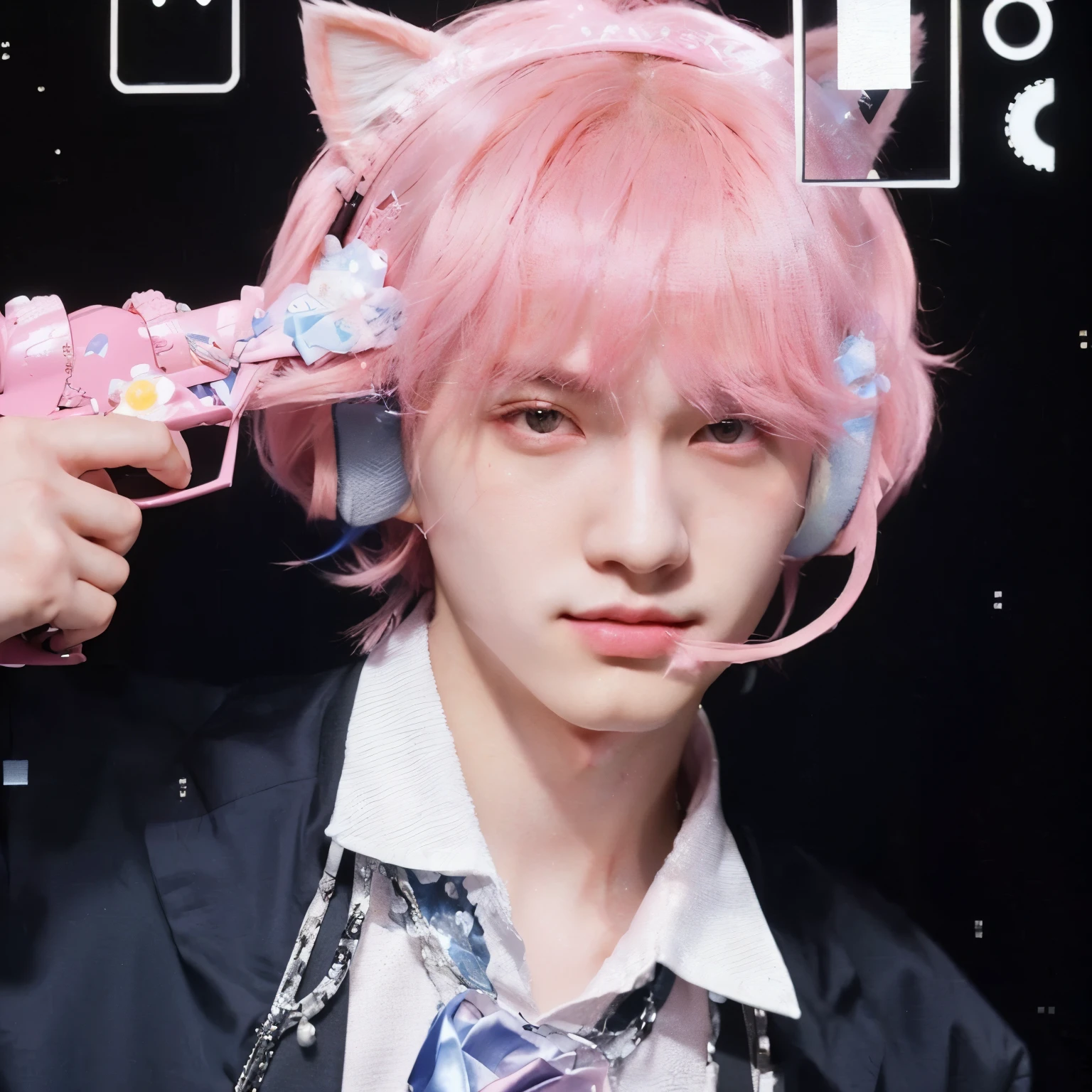 there is a person with pink hair and a pink cat ear, cai xukun, jinyoung shin aesthetic, with pink hair, kim doyoung, wearing a pink head band, bladee from drain gang, very aesthetic!!!!!!, jinyoung shin, cyber aesthetic, very aesthetic!!!!!!!!!!!!!!!, prince crown of pink gears, male ulzzang, headshot profile picture, 4k high resolution