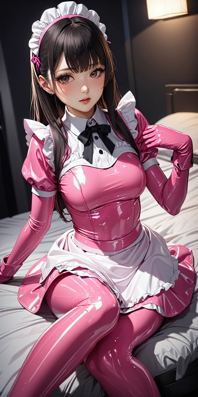 (masterpiece,highest quality,超A high resolution),Japanese women, (((Very beautiful 25 year old girl))),(Pink latex maid outfit)、Pink latex long skirt、Pink latex long sleeve shirt、Pink latex long gloves、Pink latex tights、The clothes fit snugly to the body、Latex has a very high gloss.、Dark Room