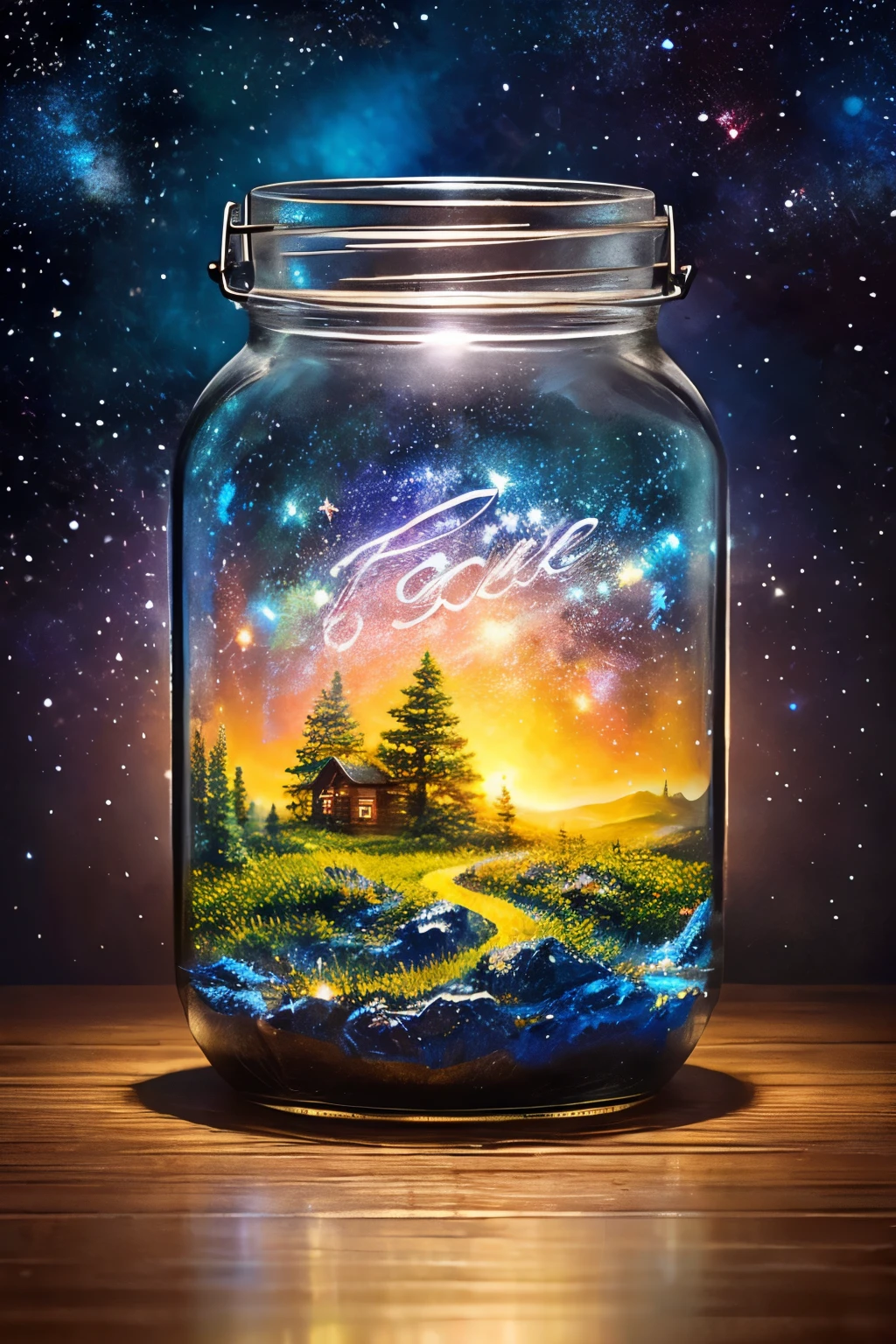 masterpiece、top-quality、(Very delicate and beautiful starry sky landscape trapped in a jar)、world masterpiece theater、high-resolutionisometric、top-quality、illustratio、Impasto、canvas、an oil painting、realism、realisitic