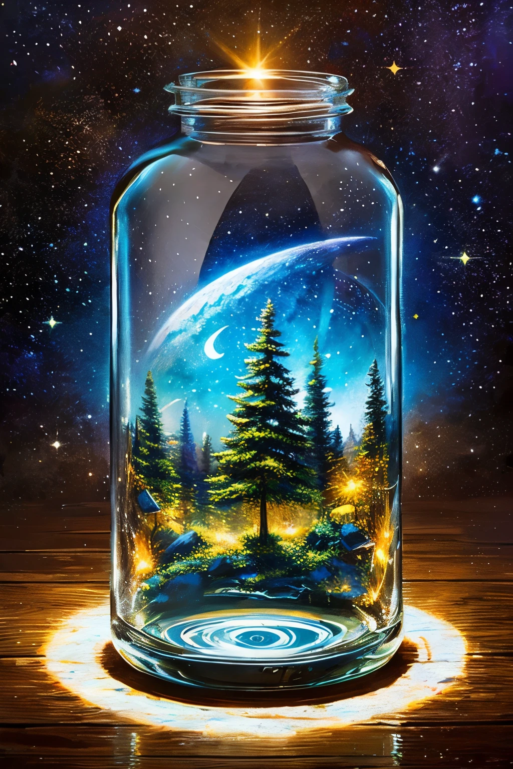 masterpiece、top-quality、(Very delicate and beautiful starry sky landscape trapped in a jar)、world masterpiece theater、high-resolutionisometric、top-quality、illustratio、Impasto、canvas、an oil painting、realism、realisitic
