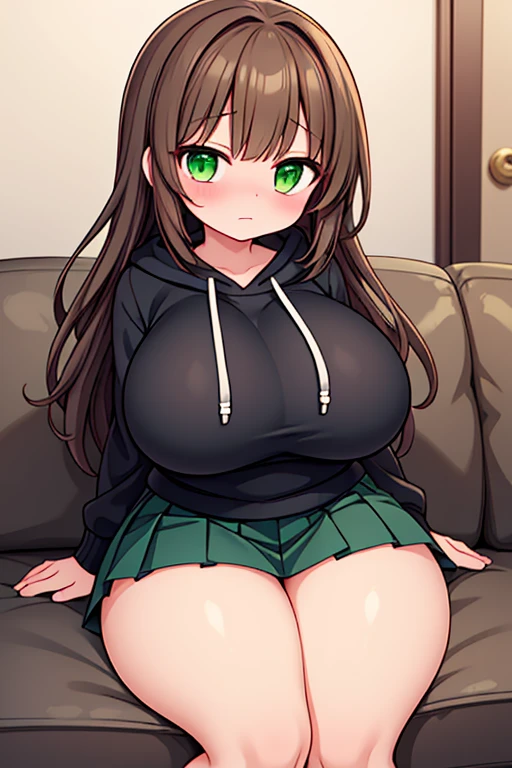 A Beautiful, Very Cute Girl, ((17 years-old)), with (Long Brown Hair), (Beautiful Green Eyes), Huge Breasts, Thick Thighs, Enormous Thighs, Extremely Plump, Curvy, Thick, wide hips, Extremely Thick Figure. She’s wearing a Cute Black Hoodie, and a ((Short Green Pleated Skirt)). Sitting in a Modern House, with an embarrassed expression, she’s embarrassed because her skirt is a little too short, and her thighs are too overly large.