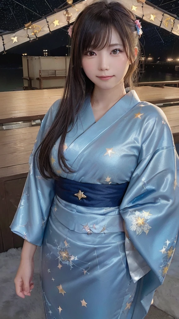(((night,null,Beautiful Clouds,Detailed Background,constellation,starry null))), 21 year old girl,alone,Shiny skin,Tilt your head,smile,whole body,Wide Shot,(kimono, Floral print, yukata:1.2), whole body, (8k, RAW Photos, highest quality, masterpiece:1.2, masterpiece8K.High resolution. High resolutionの不条理:1.2,  Lens flare, (Bright colors:1.2), (delicate))
