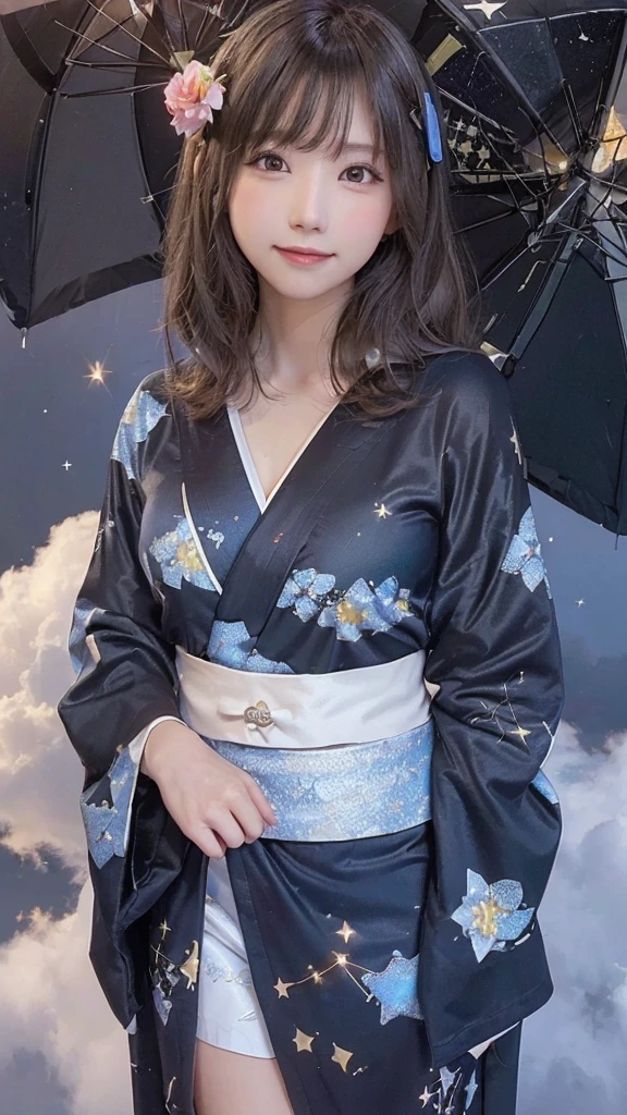 (((night,null,Beautiful Clouds,Detailed Background,constellation,starry null))), 21 year old girl,alone,Shiny skin,Tilt your head,smile,whole body,Wide Shot,(kimono, Floral print, yukata:1.2), whole body, (8k, RAW Photos, highest quality, masterpiece:1.2, masterpiece8K.High resolution. High resolutionの不条理:1.2, Lens flare, (Bright colors:1.2), (delicate))