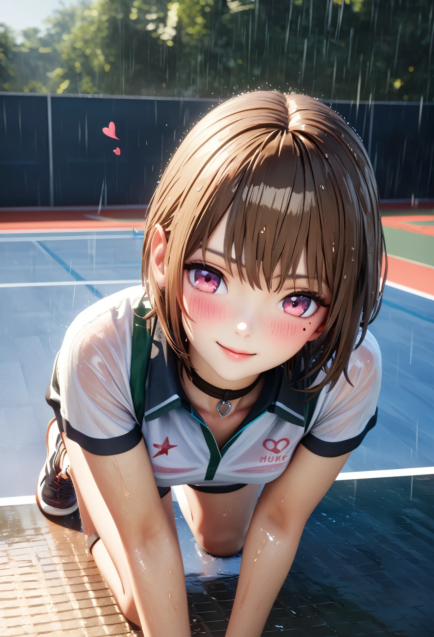 masterpiece, best quality, very detailed, high resolution, expensive solution, high resolution, 4k, 8k, Unity 8k wallpaper, highly detailed CG, masterpiece, 2d, 3d, beautiful details, depth, fine texture, best quality: 1.3, total concentration, transparent skin, him, very cute anime girl, expensive brown short hair, one girl, tennis uniform,, tennis shoes, tennis court, it was raining heavily and she was soaking wet. The tennis uniform was see-through and her hair was soaking wet, smiling brown short hair, full body, tennis court, heavy rain, mole under eye, gaze, expensive, blush, lips parted, heart, pink eyes, choker