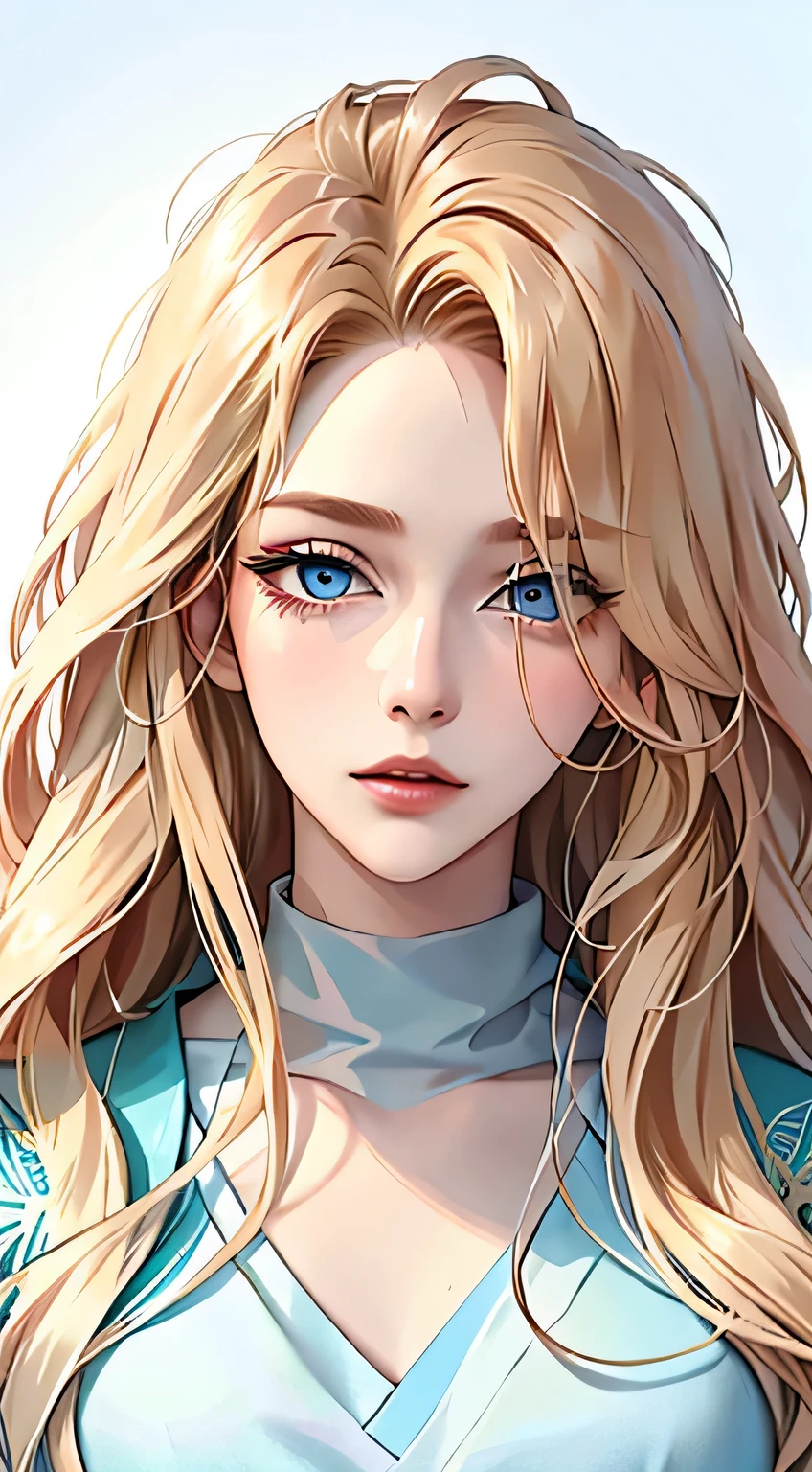 Woman, ((blonde hair, Wavy hair, wild hair, long hair, Blue eyes)), serious look, Serious expression on his face, medical gown, White shirt, portrait, half of the body, aura of calm, makeup, anime style, (beautiful eyes, Detailed eyes, half-closed eyes)