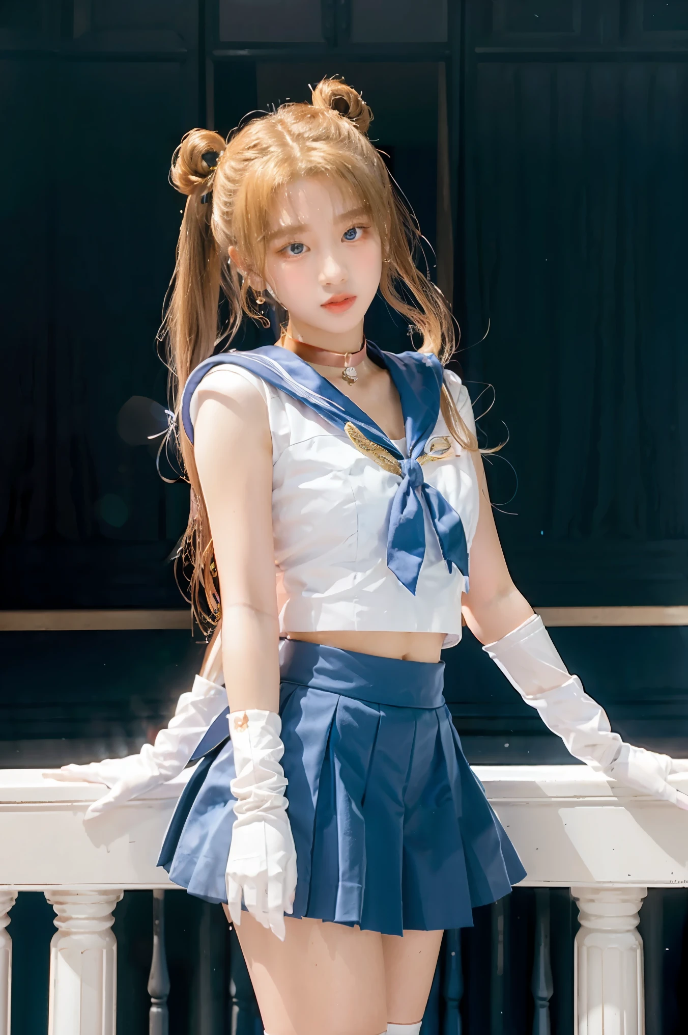 masterpiece, best quality, sailor moon,1girl, long hair,jewelry, sailor senshi uniform, blue sailor collar,blonde hair, red choker,white gloves, twintails, red bow, blue skirt, blue eyes, hair bun,